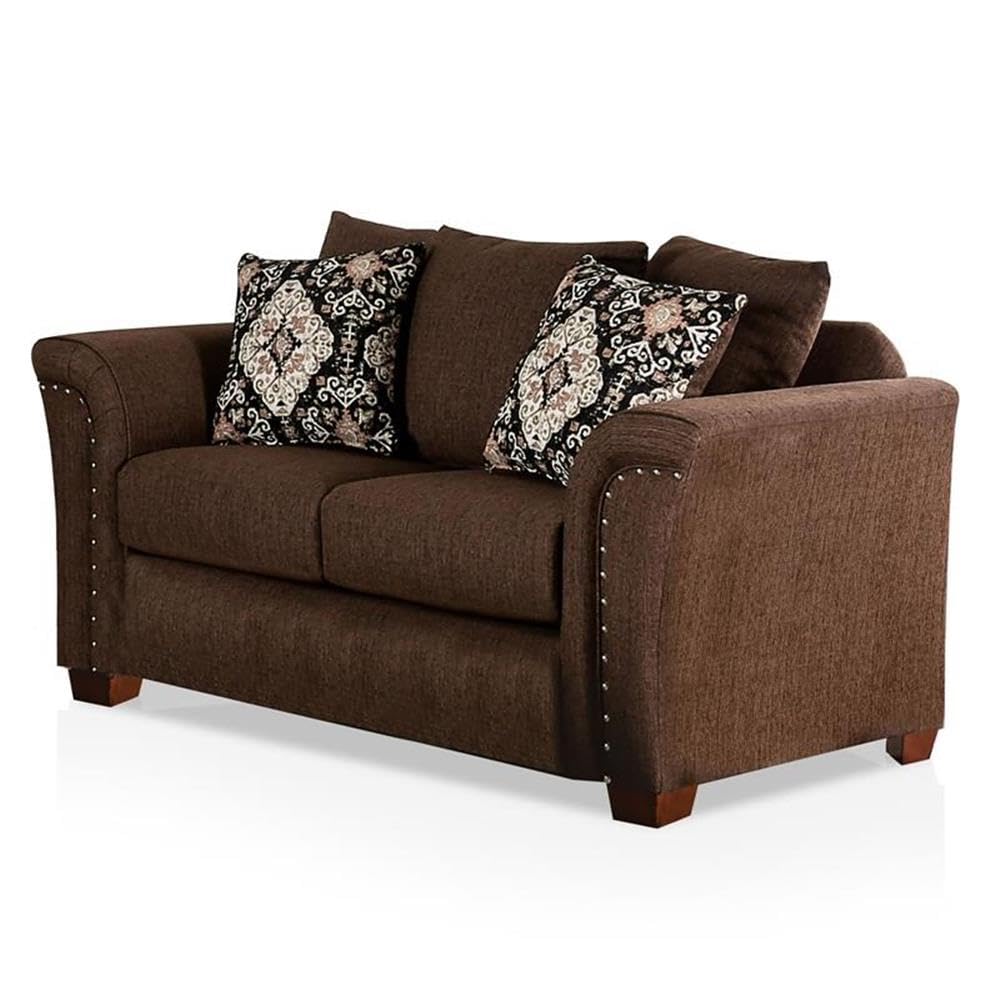 Furniture of America Jaqui Transitional Fabric Nailhead Loveseat in Chocolate Brown - Perfect for Living Rooms, Home Theaters & Cozy Reading Nooks