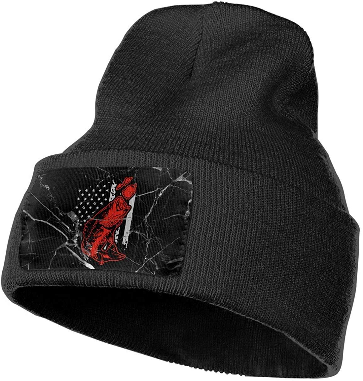 Bass Fishing Lure & Patriotic Knit Beanie Hat for Men & Women - Stretchy Soft Winter Cap in Black - Perfect for Outdoor Fishing & Cold Weather Activities