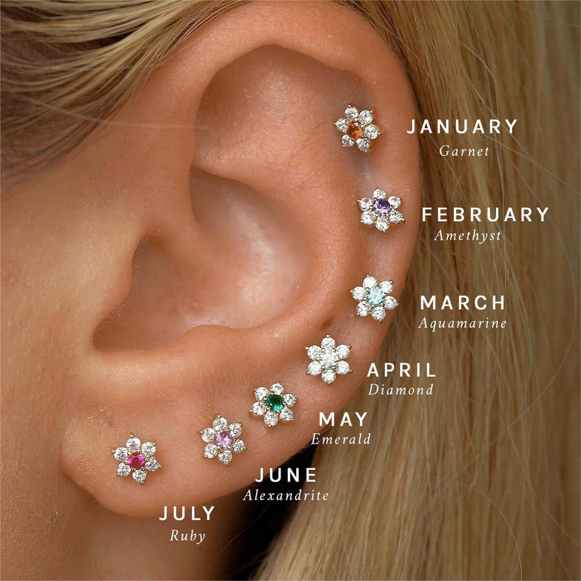Zodiac Flower Birthstone Cartilage Piercings Stud Earrings | HSEK2311 | Perfect for Daily Wear, Gift Giving & Zodiac-Themed Jewelry Collections