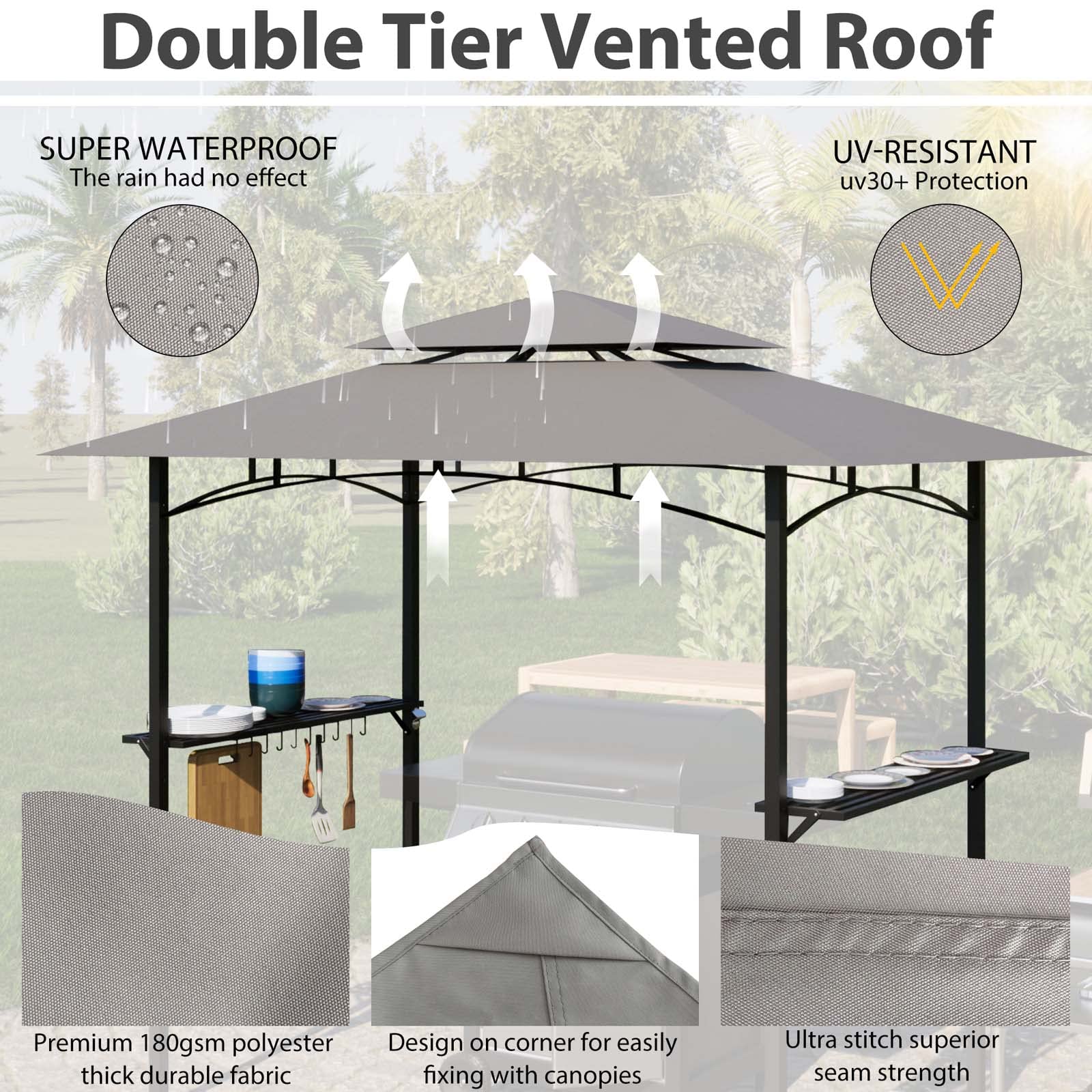 8x5 Ft Heavy Duty Grill Gazebo - Double Tiered Outdoor BBQ Canopy with 2 Side Shelves, Hooks & Bottle Opener - Weather Resistant BBQ Shelter for Patio, Garden, Beach, Backyard & Picnic - Perfect for Summer Cookouts & Outdoor Entertaining (Gray)