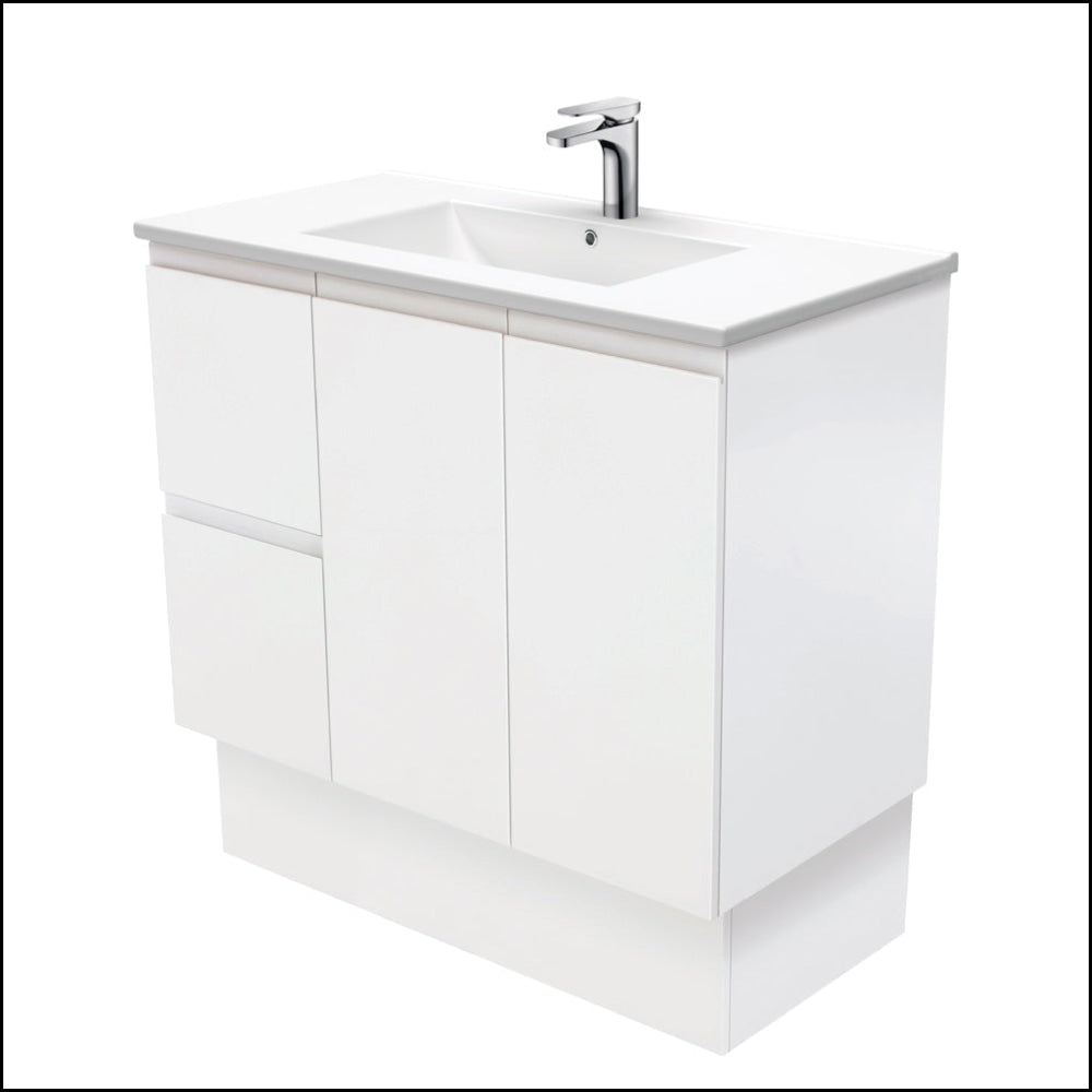 Fienza Dolce TCL90ZKL 900mm Matte White Bathroom Vanity with Fingerpull & Kickboard - Left Drawers Design for Modern Home Bathroom Remodeling & Space Saving Storage Solution