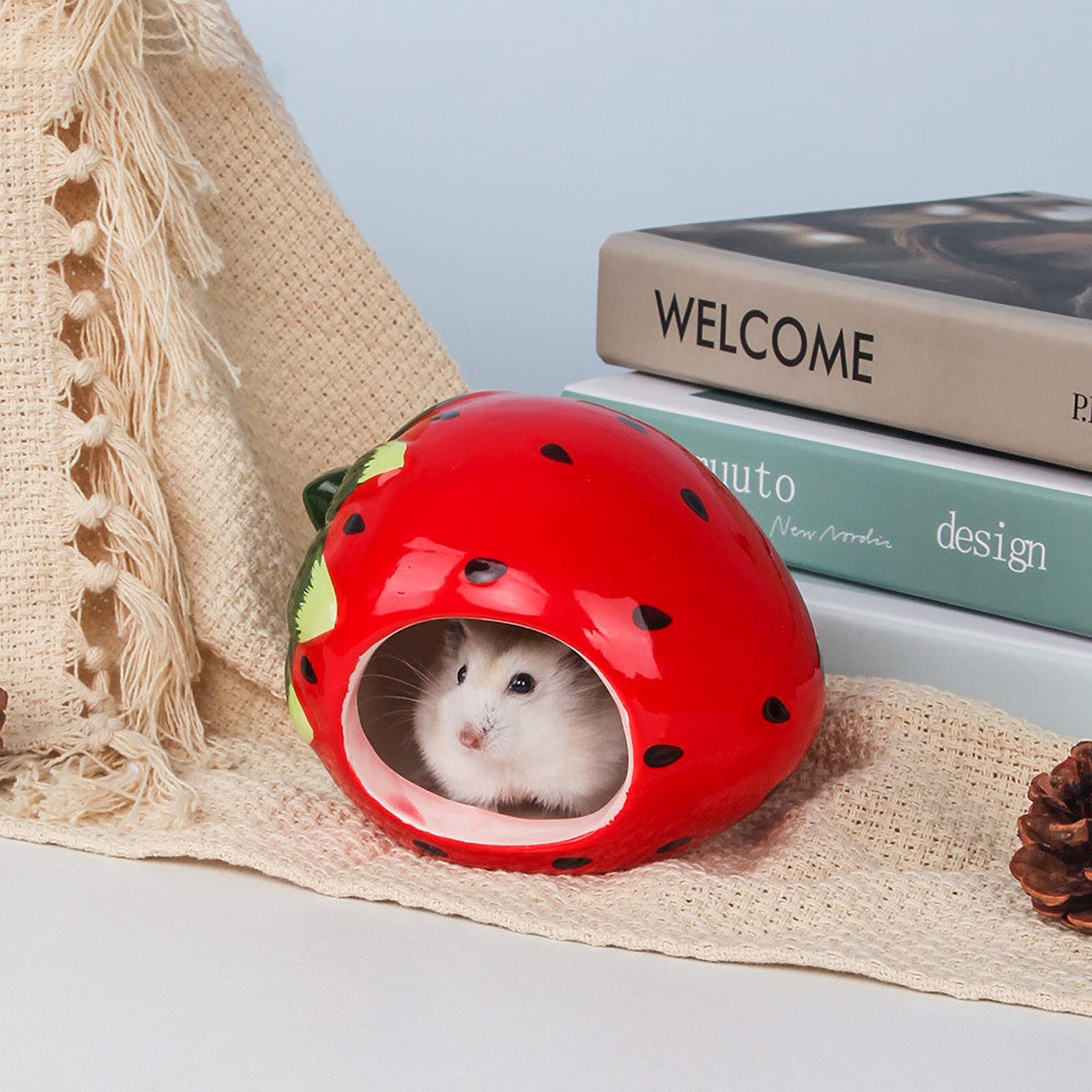 Besimple Ceramic Hamster Hideout - Small Animal Pet House for Hamsters, Chinchillas & Critters - Adorable Strawberry-Shaped Cage Cave & Bath House - Perfect for Playtime & Relaxation