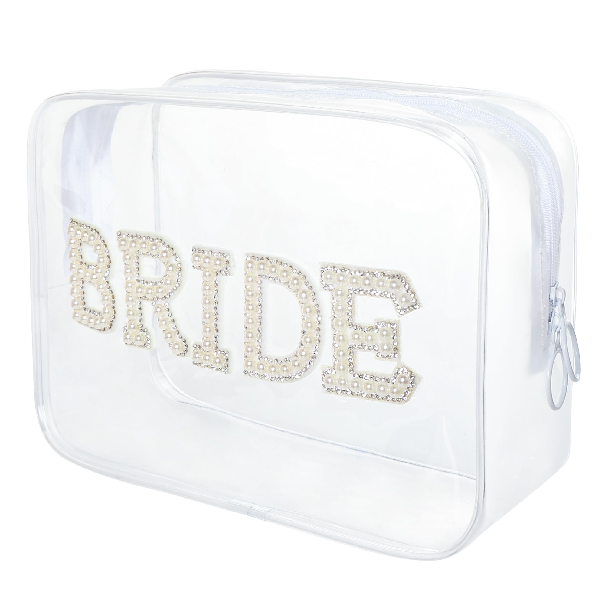 SUMERSHA Clear PVC Cosmetic Bag with Pearl Rhinestone Patch - Zippered Makeup Pouch for Brides | Perfect Bridal Shower Gift & Wedding Essential for Travel & Bachelorette Parties