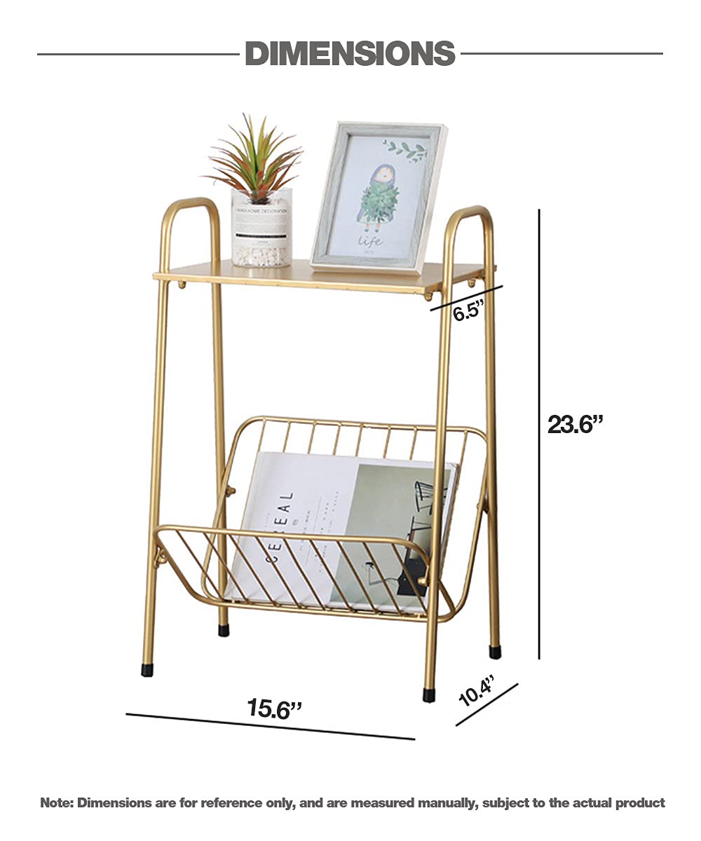 Porwayse Narrow Gold Side Table with Magazine Storage Rack - Slim Stainless Metal Accent End Table for Small Spaces, Bedside Nightstand - Perfect for Living Room, Bedroom, Dorm & Office Decor
