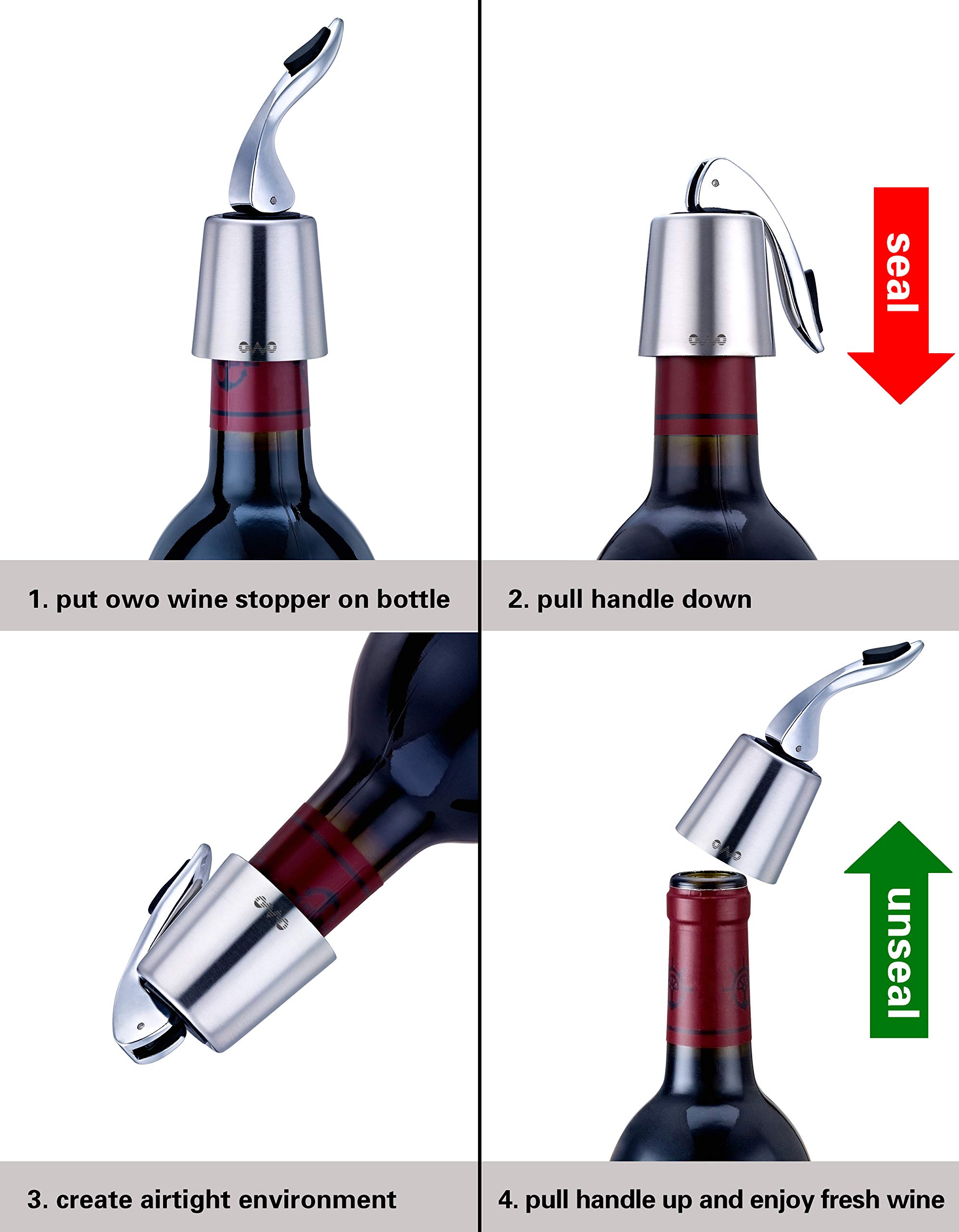 Premium Stainless Steel Wine Bottle Stopper with Silicone Seal - Reusable Wine Saver & Decorative Bottle Sealer (2 Pack, Silver) - Perfect for Preserving Opened Wine Bottles at Home, Parties & Restaurants