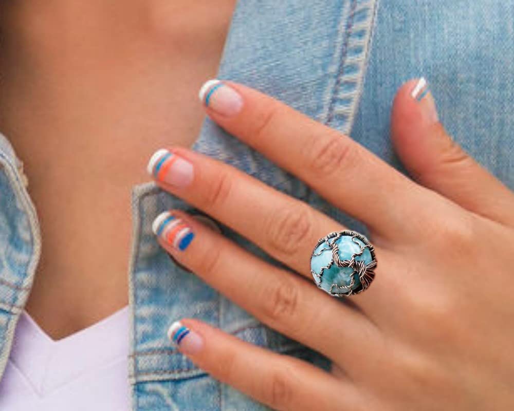 Tree of Life Ring Size 10 - Sterling Silver Wire Wrapped Larimar Gemstone Jewelry with Healing Crystals - Perfect for Spiritual Healing, Meditation & Boho Fashion