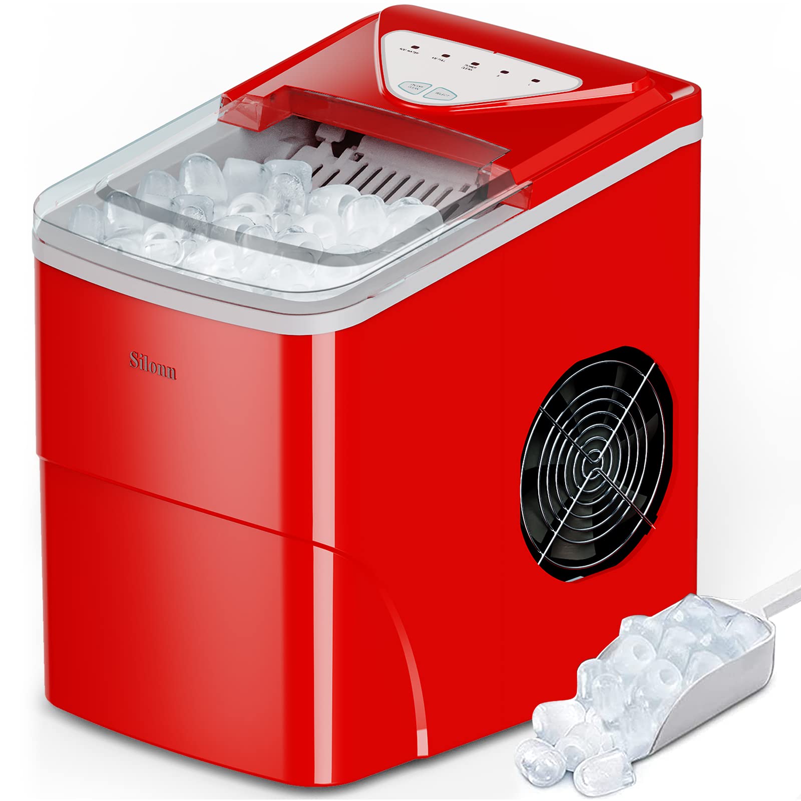 Silonn Countertop Ice Maker Machine - 9 Cubes in 6 Minutes, 26lbs Daily, Self-Cleaning with Ice Scoop & Basket - 2 Bullet Ice Sizes for Home, Kitchen, Office, Bar, Party (Red) | Perfect for Cocktails, Beverages, and Entertaining Guests