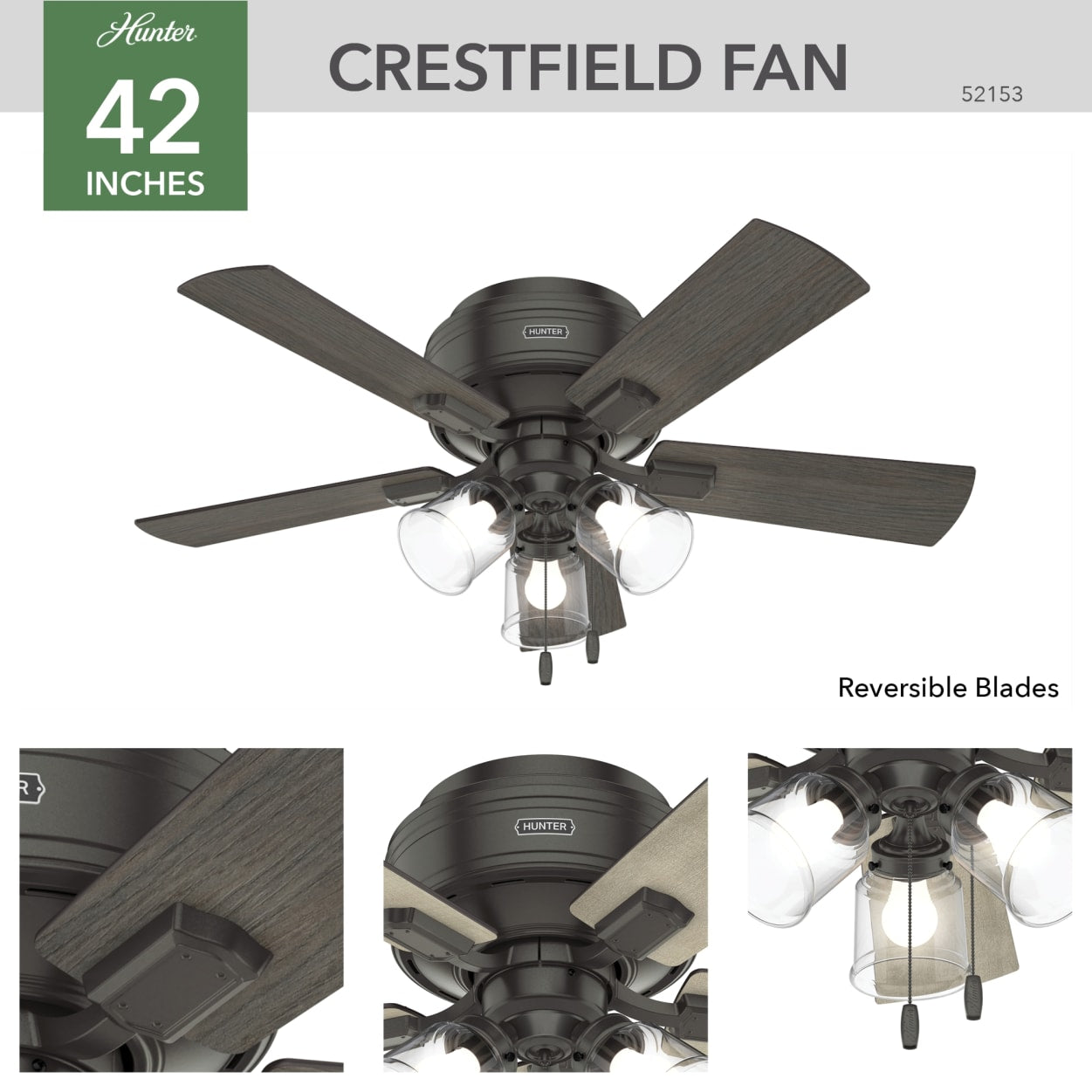 Hunter 42 Inch Crestfield Three Light Noble Bronze Low Profile Ceiling Fan with Remote Control - Perfect for Bedroom, Living Room, and Office Spaces