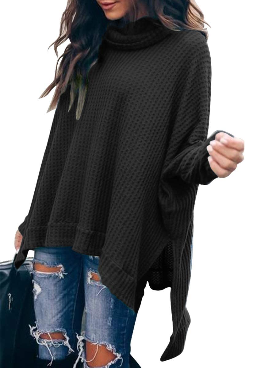 Caracilia Women's Oversized Turtleneck Sweater - Batwing Long Sleeve Waffle Knit Pullover with Split Hem | Winter Warm Casual Tops 2024 | Perfect for Office, Date Night & Fall Layering