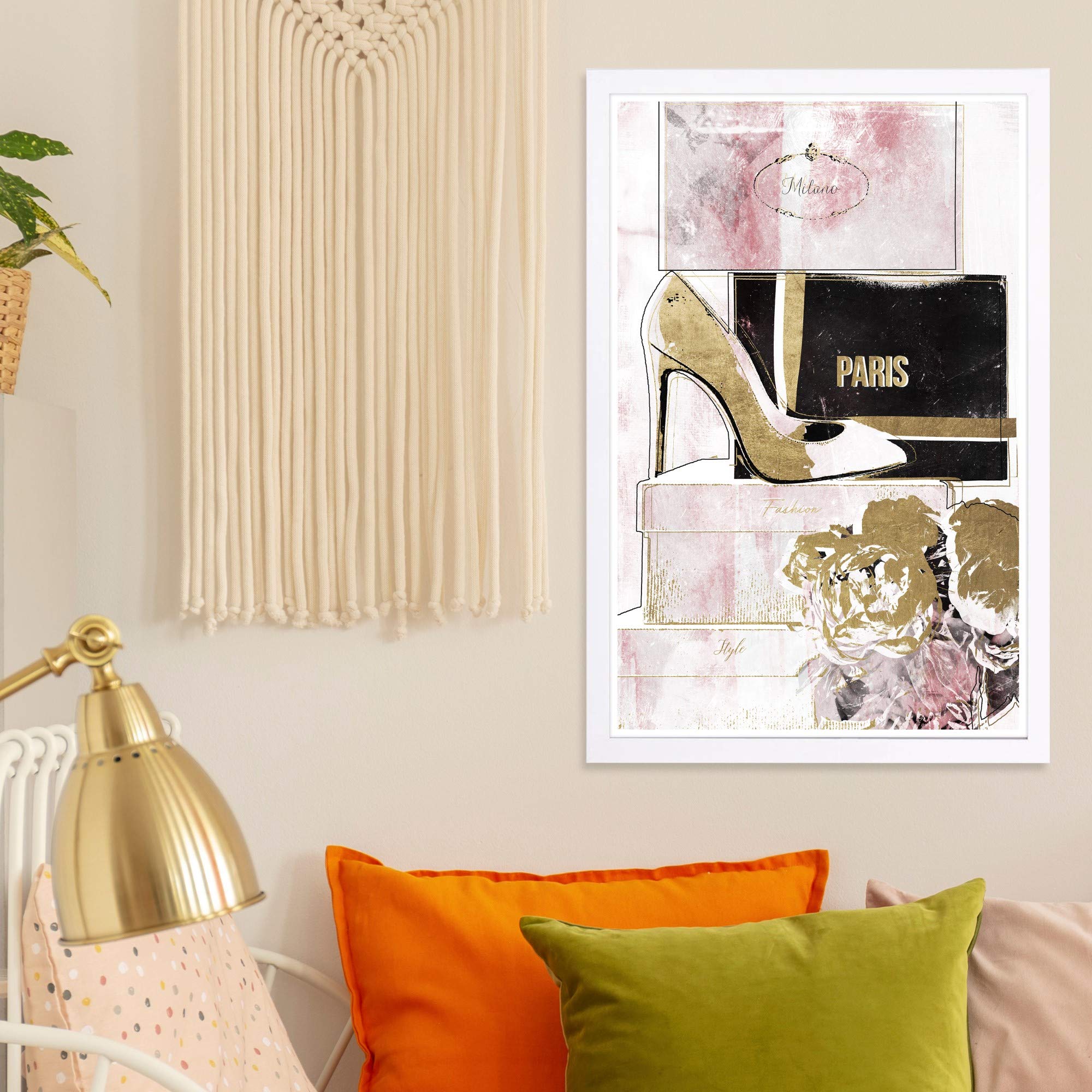 Wynwood Studio Framed Wall Art Print - Stacked Shoes Rose Love in Pink & Gold, 13x19 Inches, Fashion & Glam Home Décor for Living Room, Bedroom, or Office
