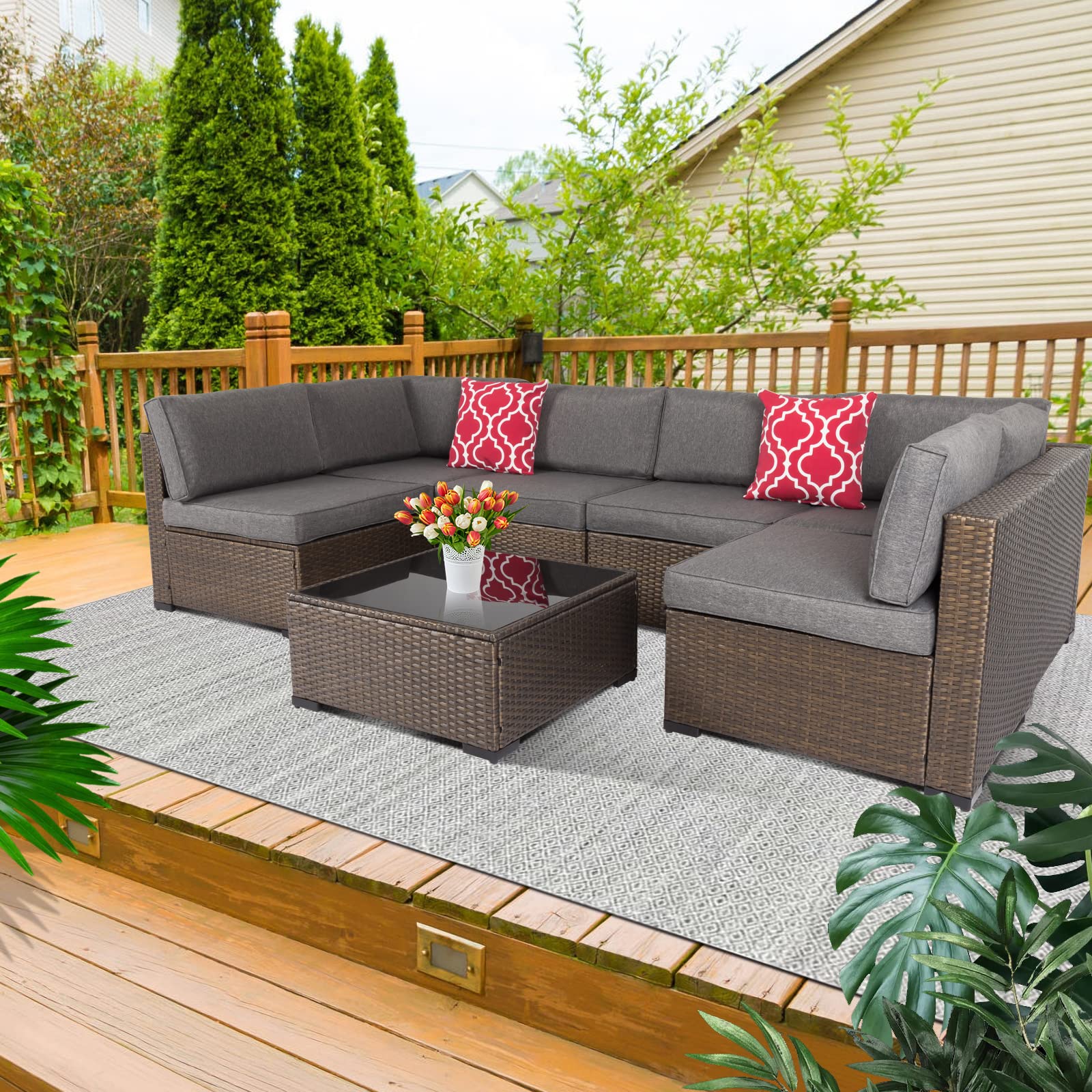 7-Piece Dark Grey Wicker Outdoor Patio Furniture Set - Rattan Sectional Sofa Couch & Conversation Set for Garden, Backyard, Poolside & Balcony