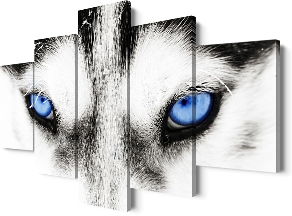 5-Piece Dog Canvas Wall Art Set - Husky Painting with Blue Eyes, Animal Wall Decor for Living Room & Bedroom - 60''W x 32''H - Perfect for Pet Lovers & Home Decoration