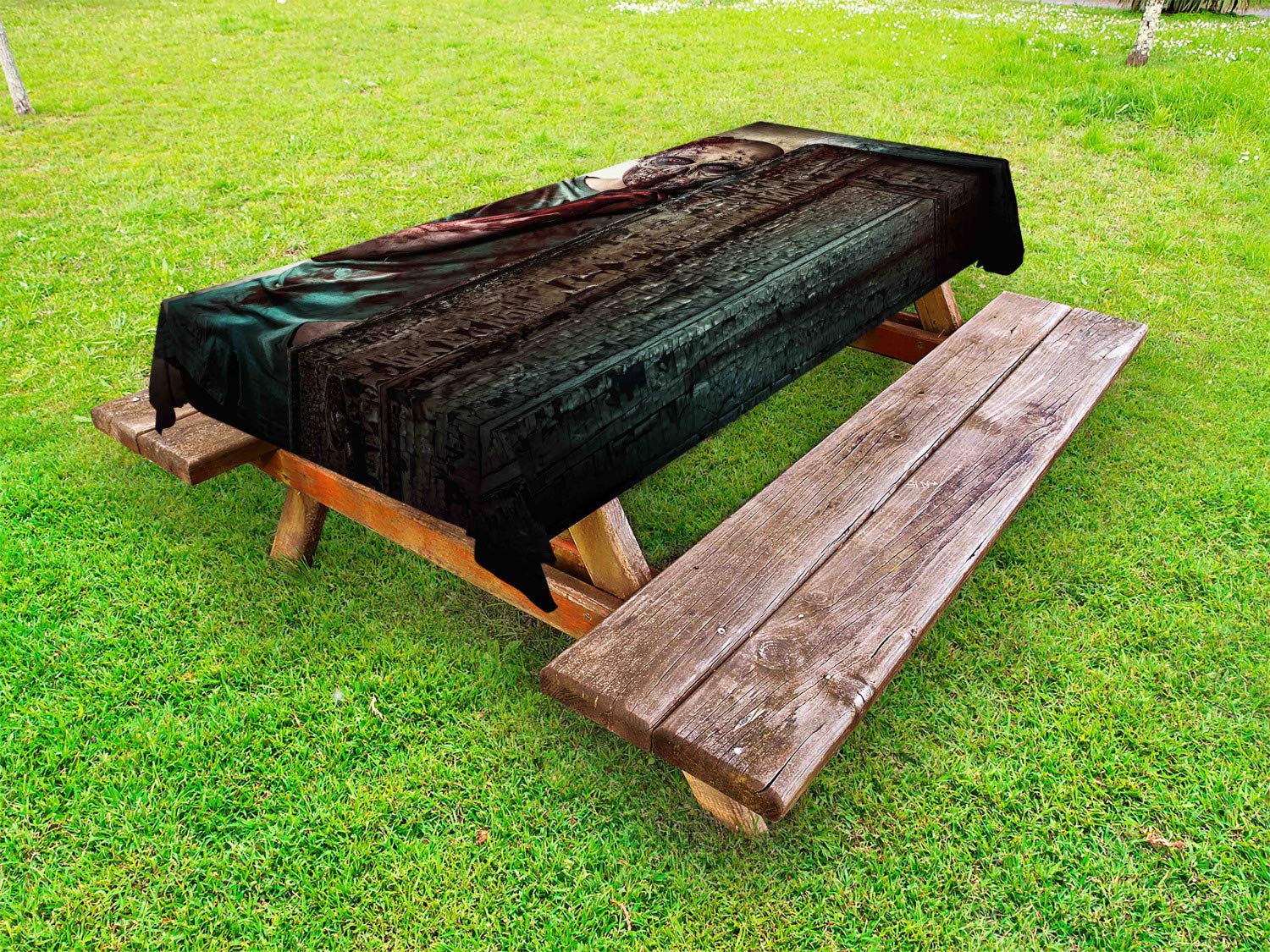 Ambesonne Zombie Outdoor Tablecloth - Halloween Horror Print with Monster Design, Washable Picnic Table Cover 58x84 Inches in Umber Teal Tan - Perfect for Spooky Parties, Haunted House Decor & Halloween Outdoor Dining