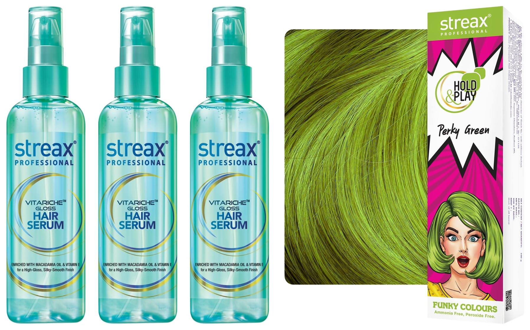 Streax Professional Vitariche Gloss Hair Serum for Women & Men - 115ml (Pack of 3) | Funky Color Hold & Play Hair Serum | 100g Perky Green | Shine & Protect Hair Treatment for Daily Styling & Color Care