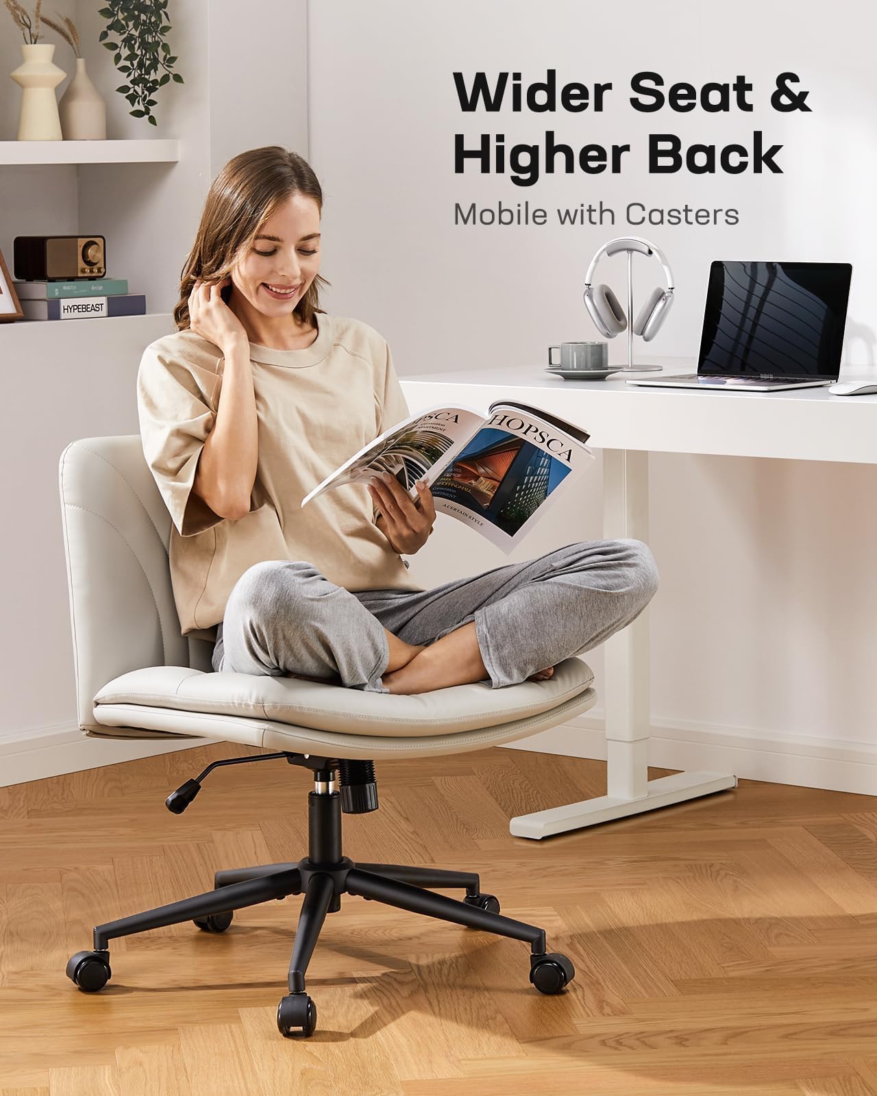 Marsail Armless Office Desk Chair with Wheels - PU Leather Cross Legged Wide Chair, Adjustable Swivel Computer Task Chair for Home & Office, Light Beige | Perfect for Small Spaces, Bedrooms & Makeup Areas