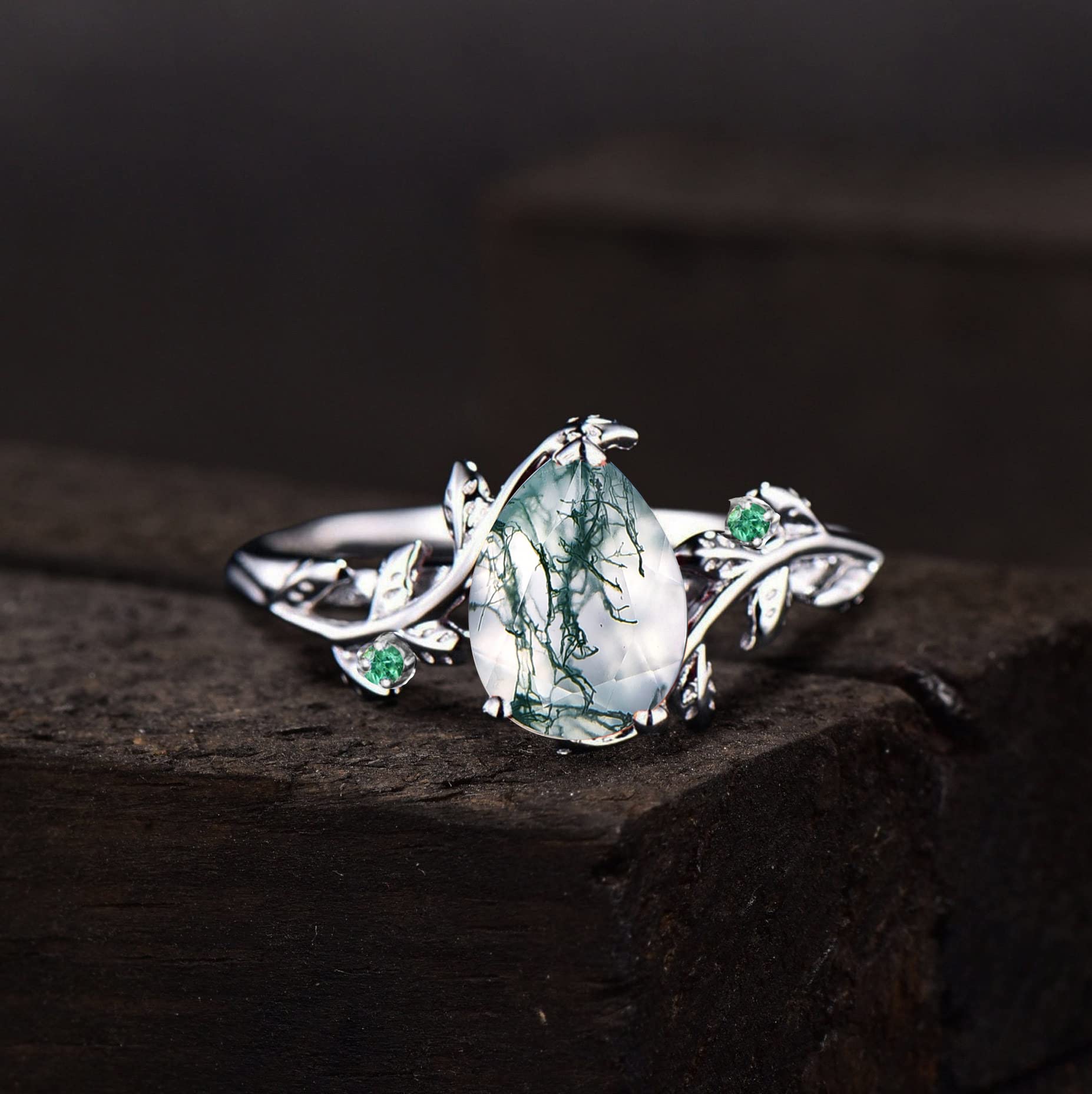 Nature Inspired Green Moss Agate Bridal Ring Set - 1.25ct Pear Cut Rose Gold Vintage Branch Design with Leaf Twig Vine Details | Emerald Wedding Band, Unique Anniversary Gift for Her (Includes Gift Box) | Perfect for Boho Weddings, Nature-Themed Proposals & Romantic Occasions