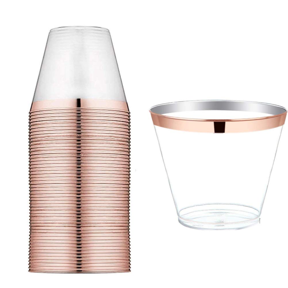 50pcs Rose Gold Rimmed 9oz Disposable Plastic Cups - Clear Wedding Party Cups for Christmas, Birthday, Bridal Shower & Baby Shower - Elegant Drinkware for Cocktails, Champagne & Beverages