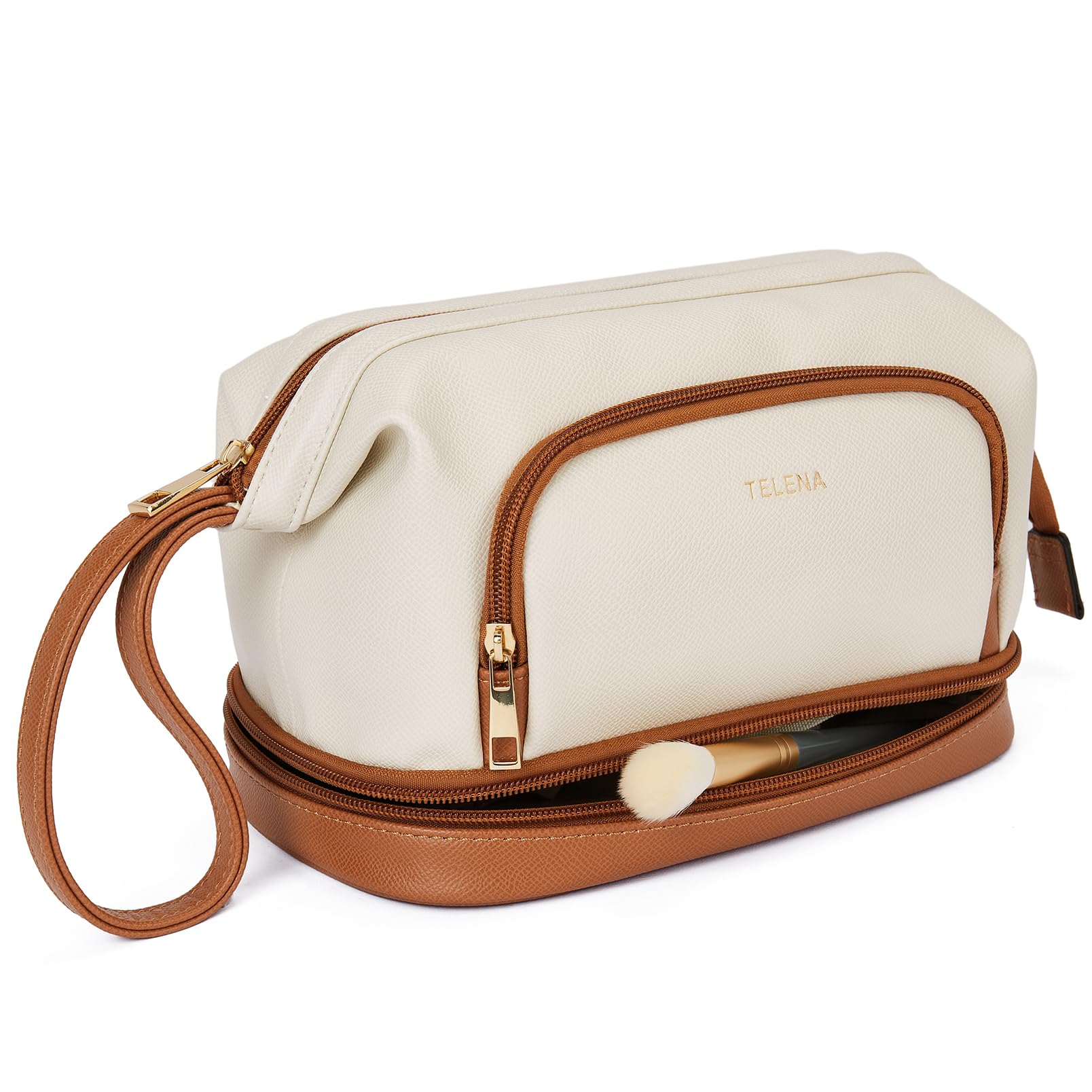 Large Capacity Double Layer Travel Makeup Bag for Women - Waterproof Cosmetic Organizer with Multiple Pockets, Portable Toiletry Bag for Travel, Gym, Work & Daily Use (Beige & Brown)