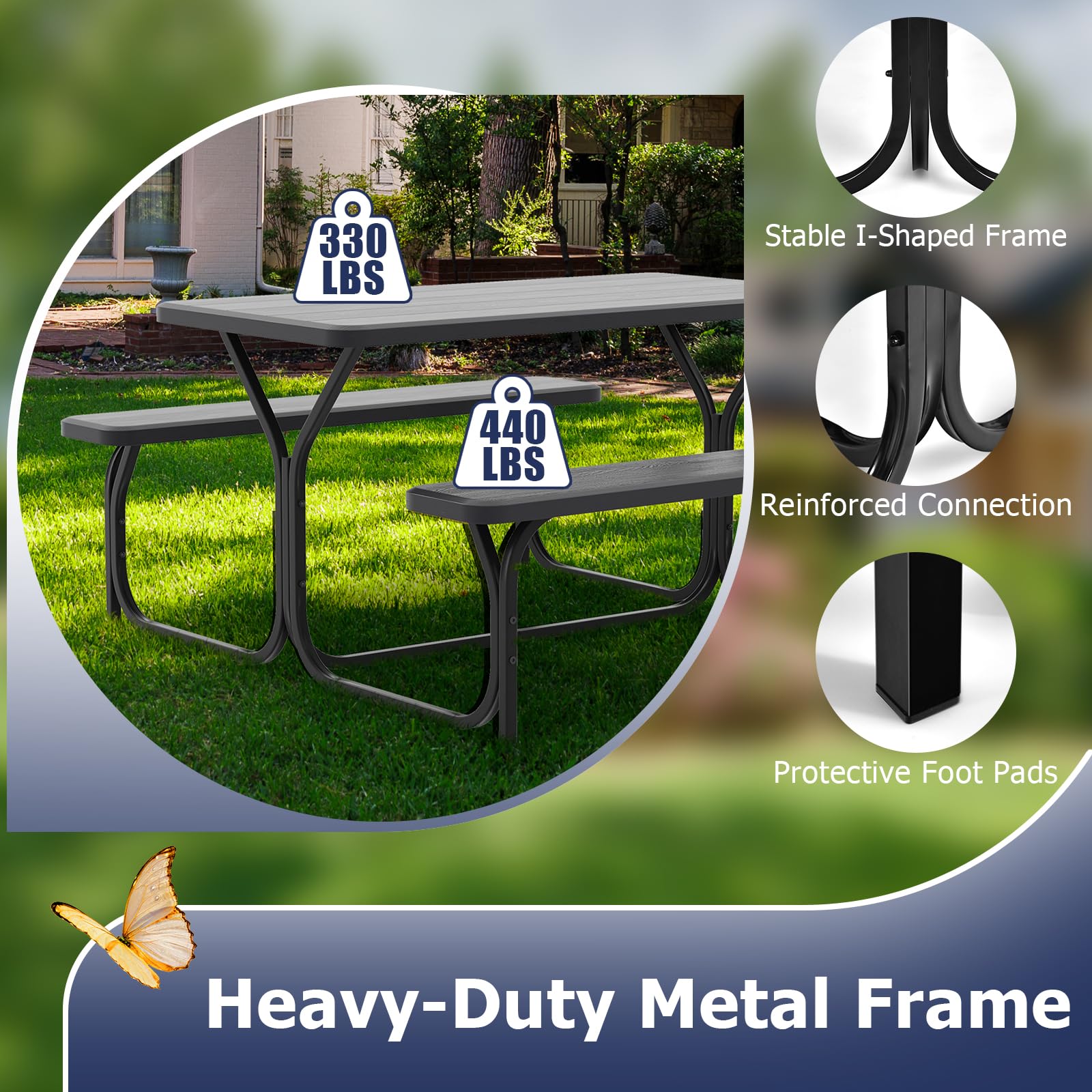 GYMAX Outdoor Picnic Table with All-Weather Wood Grain Tabletop & Sturdy Metal Frame - Easy Assembly for Camping, Backyard, Deck, Patio, Poolside Dining & Parties - Perfect for BBQs, Family Gatherings & Outdoor Entertaining