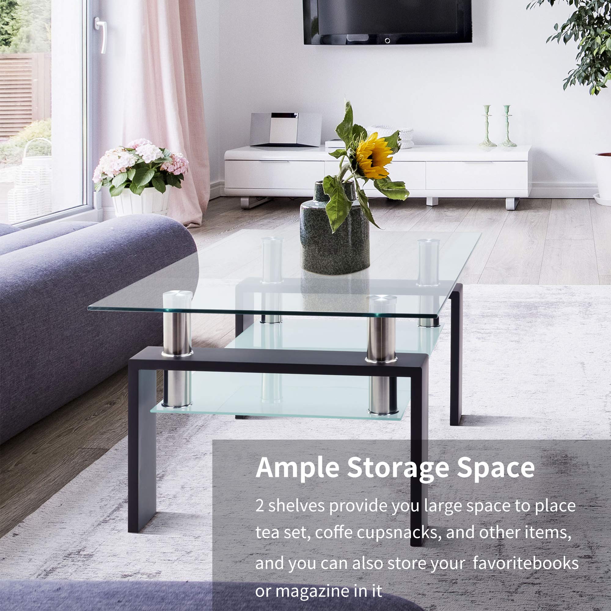 Modern Rectangle Glass Coffee Table with Lower Shelf - Metal Legs, Black - Perfect for Living Room, Lounge, and Conversation Areas