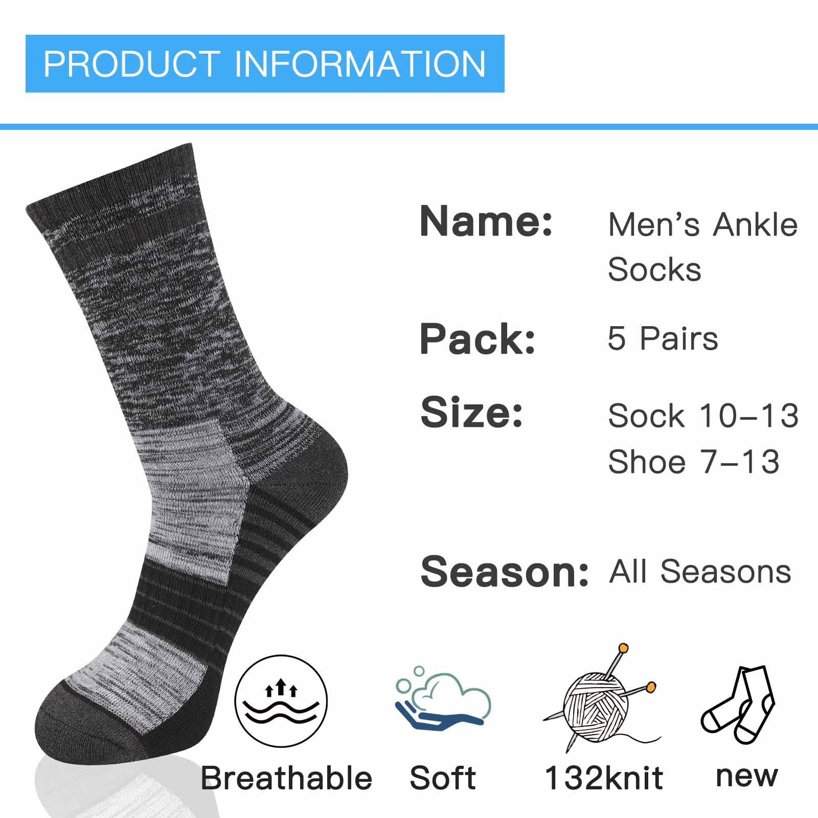 COOVAN Men's Hiking Socks 5-Pack - Moisture Wicking Cushioned Athletic Boot Socks for Outdoor Activities & Trekking - Perfect for Hiking, Camping and Sports