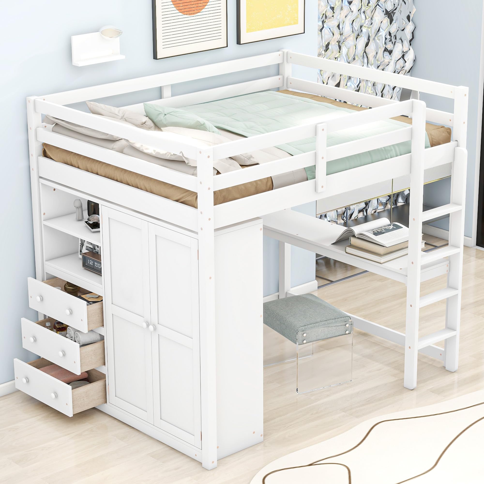Full Size Wooden Loft Bed with Desk, Built-in Wardrobe & Storage Drawers - Space Saving Kids/Teens Bedroom Furniture with Shelves (White) - Perfect for Small Rooms, Dormitories & Studio Apartments
