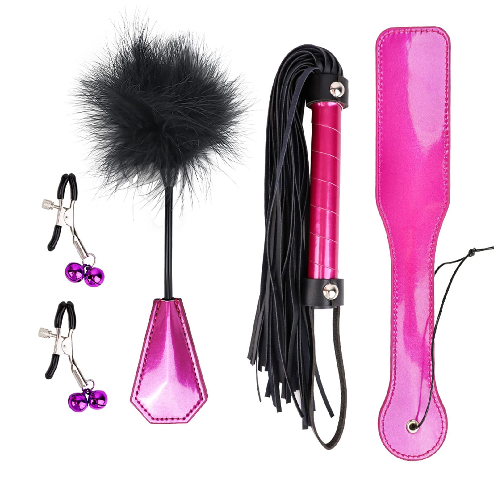 4-Piece BDSM Training Kit - Sex Whip, Paddle, Feather Flogger & Nipple Clips for Couples Role Play - Sensual Red Rose Design - Perfect for Spicing Up Bedroom Play & BDSM Exploration