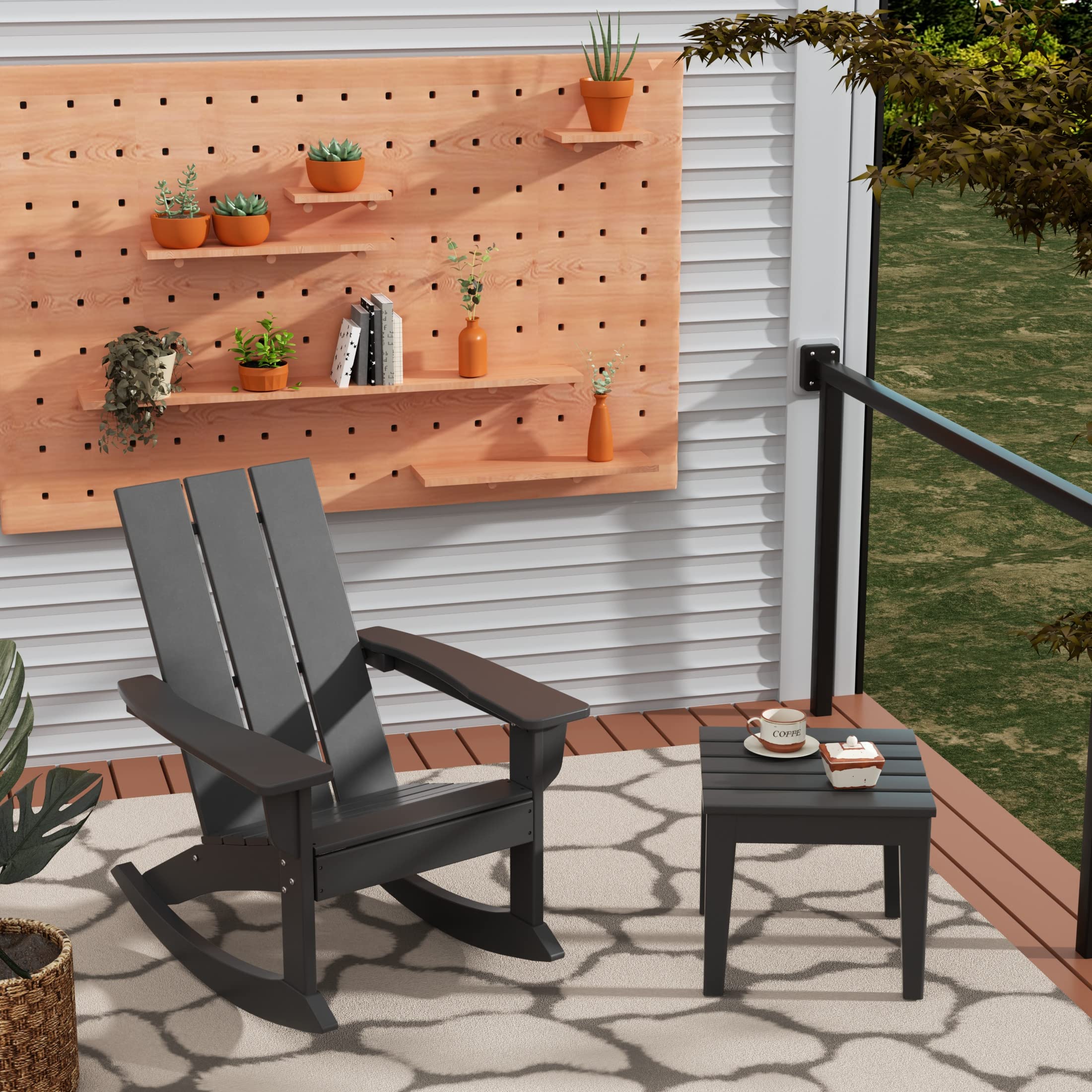 Modern Outdoor HDPE Rocking Chair - UV & Weather Resistant Patio Furniture for Garden, Porch, Deck - Comfortable Grey Lounge Chair for Relaxing in Backyard or Poolside