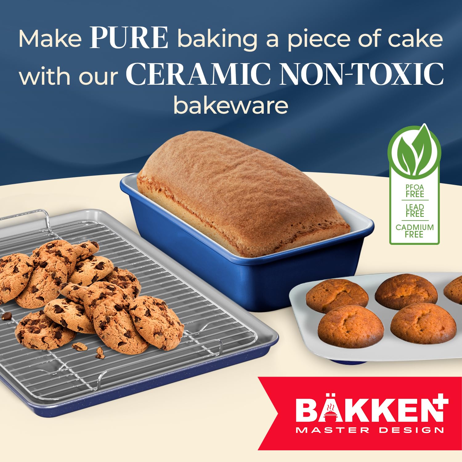 Bakken 8-Piece Stackable Bakeware Set - Non-Tick Ceramic Baking Sheets & Pans, PTFE/PFOA/PFOS Free - Oven Safe, Ergonomic Handles with Cooling Rack for Healthy Baking | Perfect for Cookies, Cakes, Bread & Family Gatherings