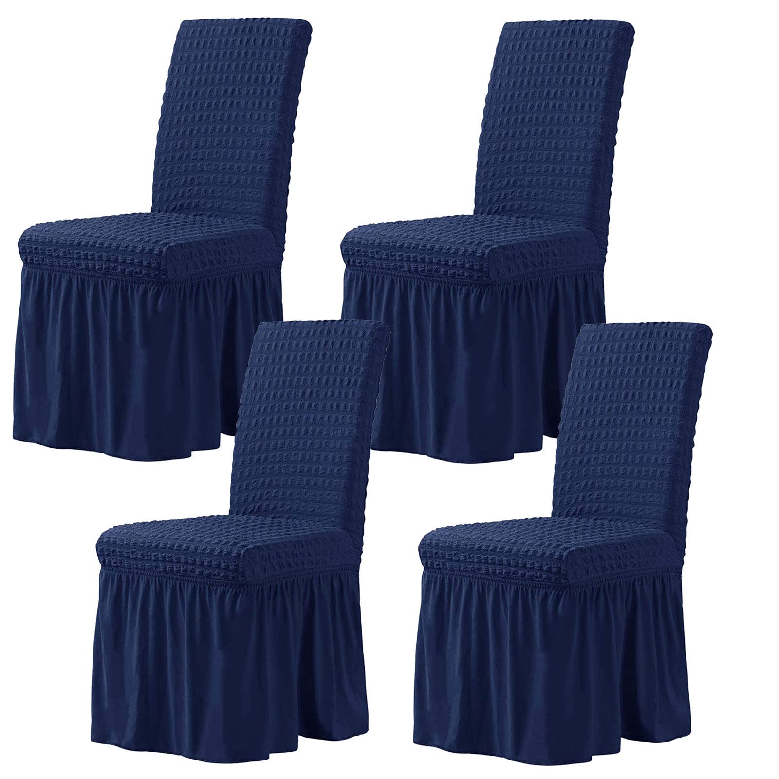 Stretch Dining Chair Covers Set of 6 - Elastic Seersucker Slipcovers with Skirt for Home, Party, Hotel & Wedding - Navy Blue (4-Pack) - Perfect for Dining Room, Banquet, and Special Events