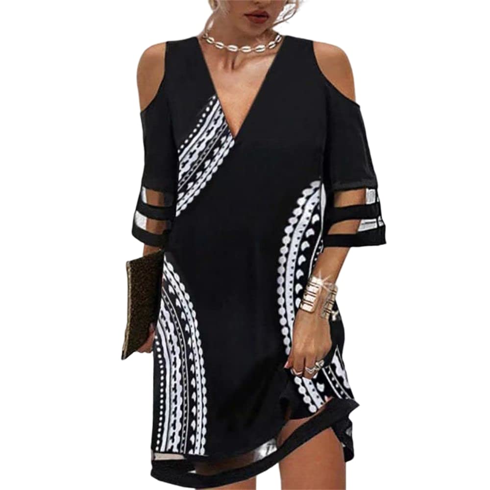 IVERIRMIN Women’s Summer Cold Shoulder Midi Dress - V-Neck Sexy Mesh Party Dress for Beach, Wedding & Evening Gala | Flowy Boho Chic Style
