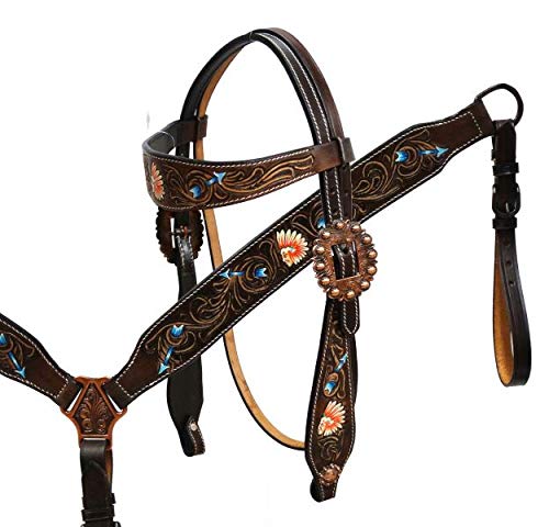 Premium Western Leather Headstall, Breast Collar & Reins Set - Hand Carved Tooled Design for Horses - Full Size - Durable Ranch & Rodeo Riding Gear for Cowboys & Equestrians