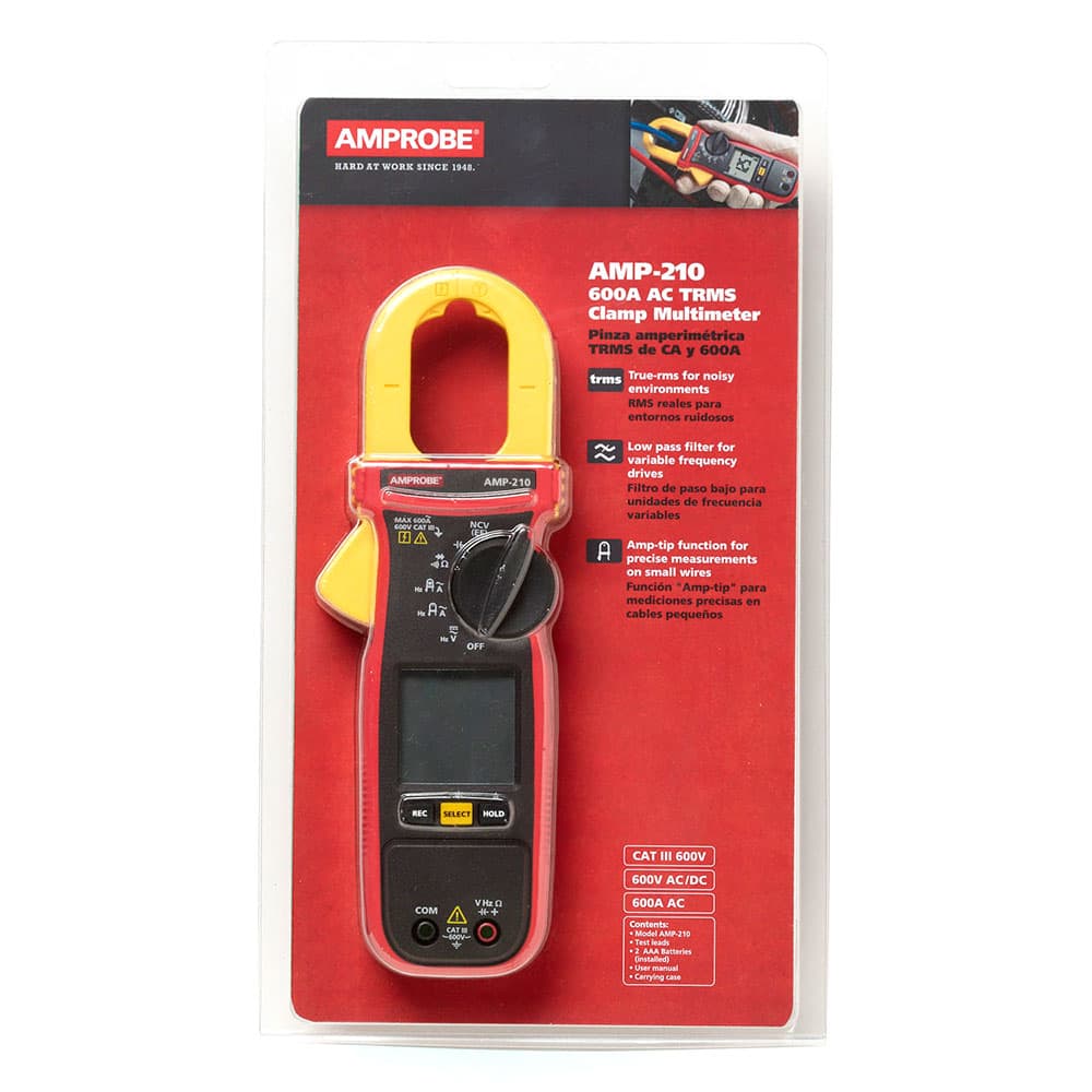 Amprobe 4560537 AMP 210 600V/600A TRMS AC Clamp Multimeter with Amp Tip - CAT III Rated Electrical Tester for HVAC, Automotive & Industrial Use