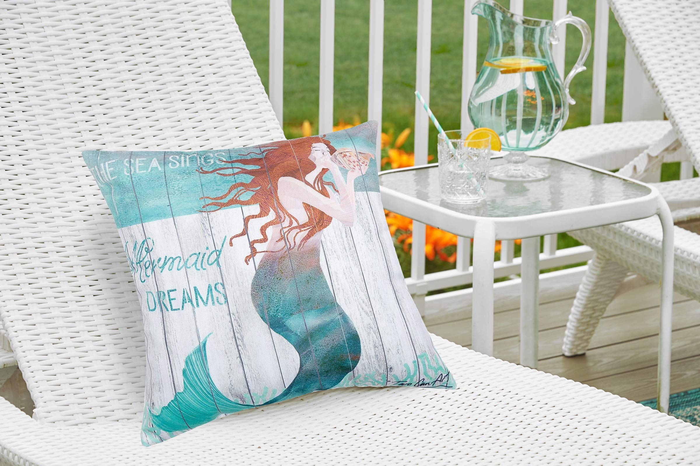 Premium 18x18 Inch Blue Mermaid Dreams Coastal Throw Pillow - Tropical Beach Decor for Indoor & Outdoor Use - Perfect for Patio, Porch, Living Room & Bedroom Accent