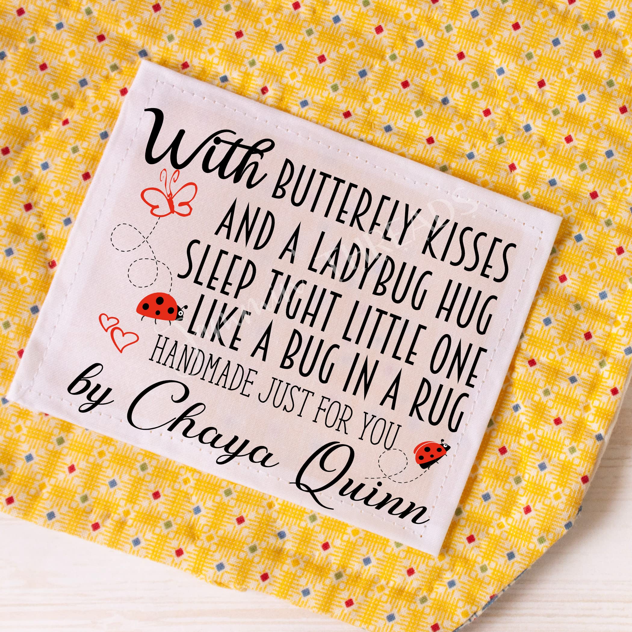 Personalized Baby & Kids Quilt Labels - Butterfly Kisses & Ladybug Hug Design - Perfect for Handmade Baby Blankets, Nursery Decor & Gift Tags