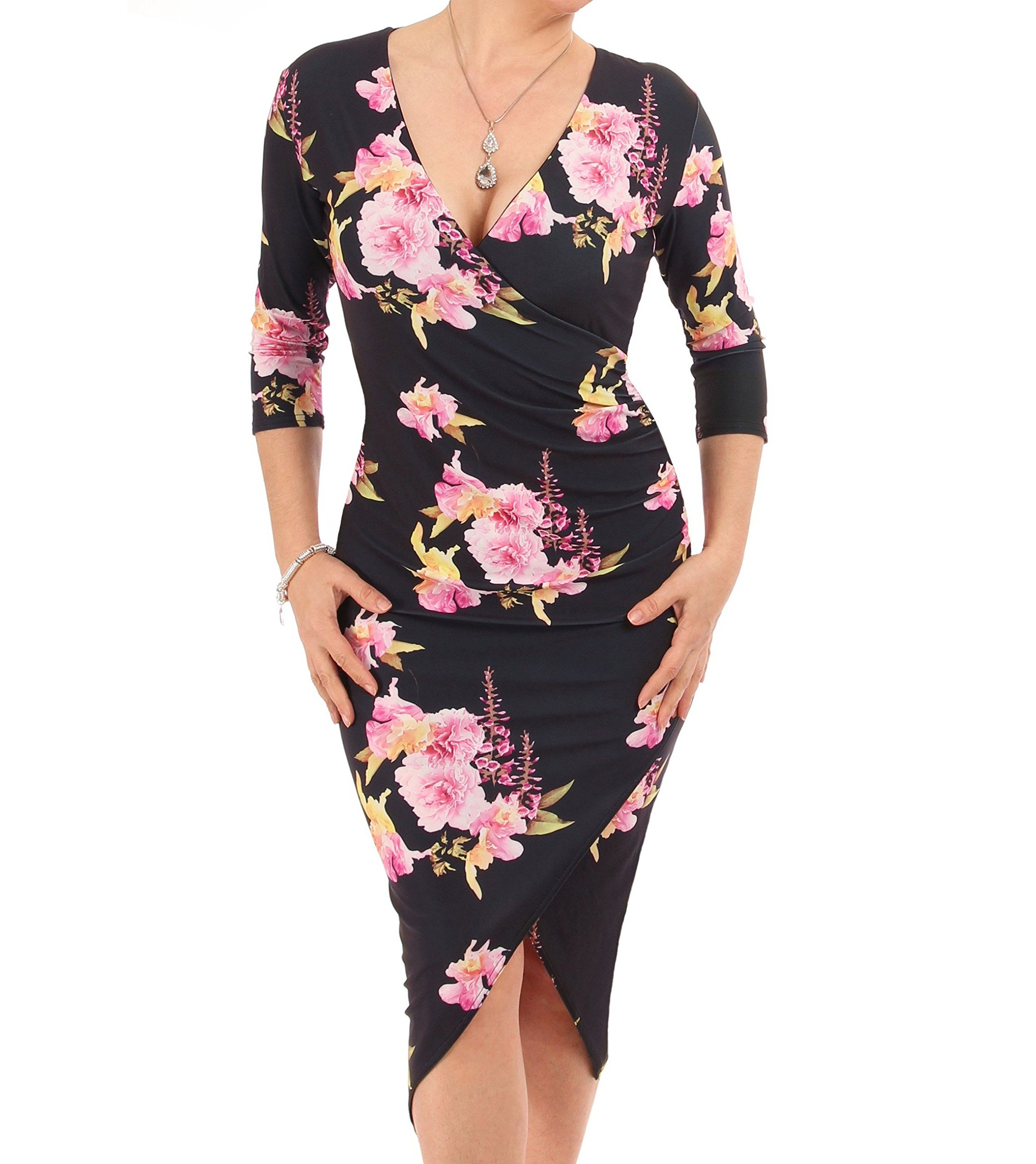 Women's Black and Pink Mock Wrap Dress - Flattering Casual & Office Wear for Women | Perfect for Work, Dates & Special Occasions