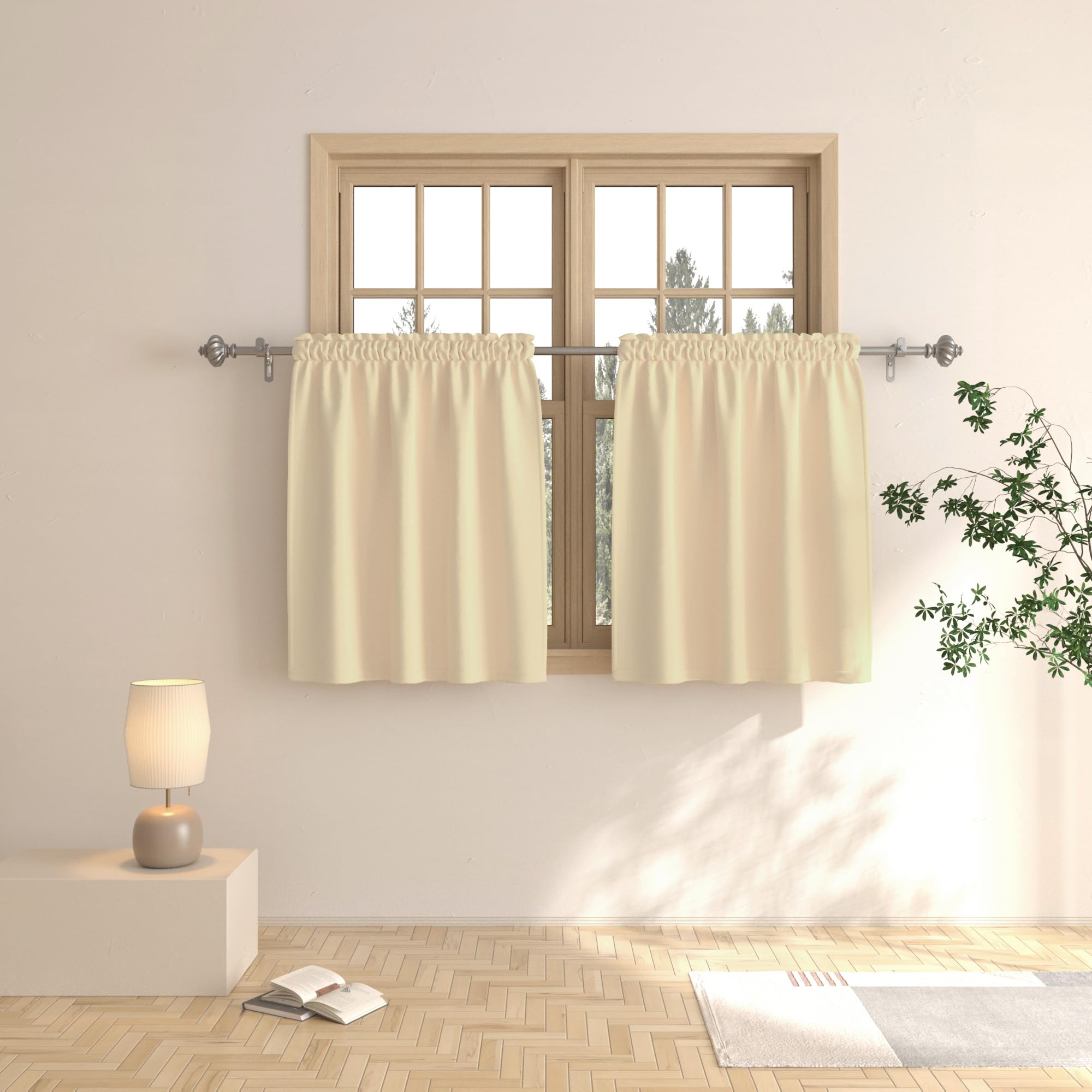 Beige Tier Curtains 24 Inch - Blackout Kitchen Window Curtains for Sink, Bathroom & Basement - Short Cafe Curtains with Rod Pocket, Set of 2 Panels - Perfect for Small Windows, Half Window Treatments & Cozy Home Decor