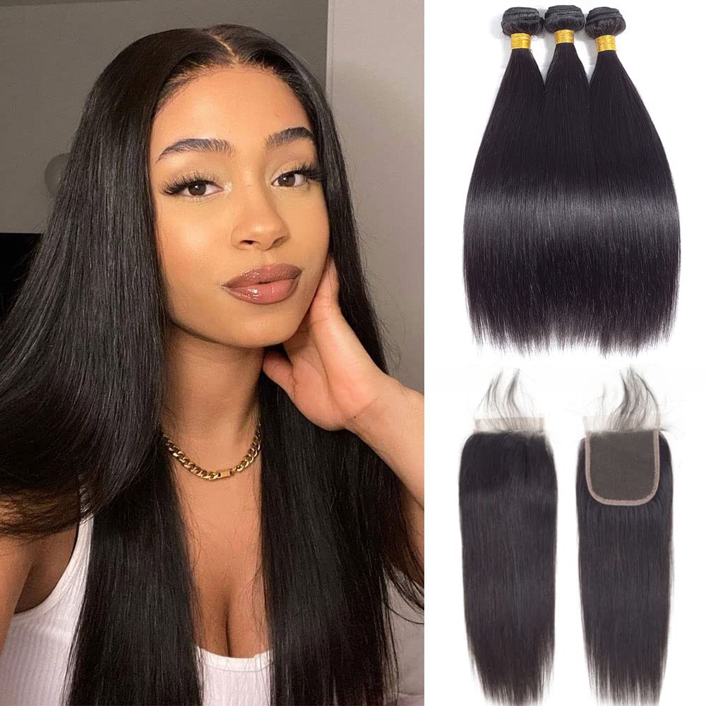 100% Unprocessed Brazilian Virgin Straight Hair 3 Bundles with Free 22