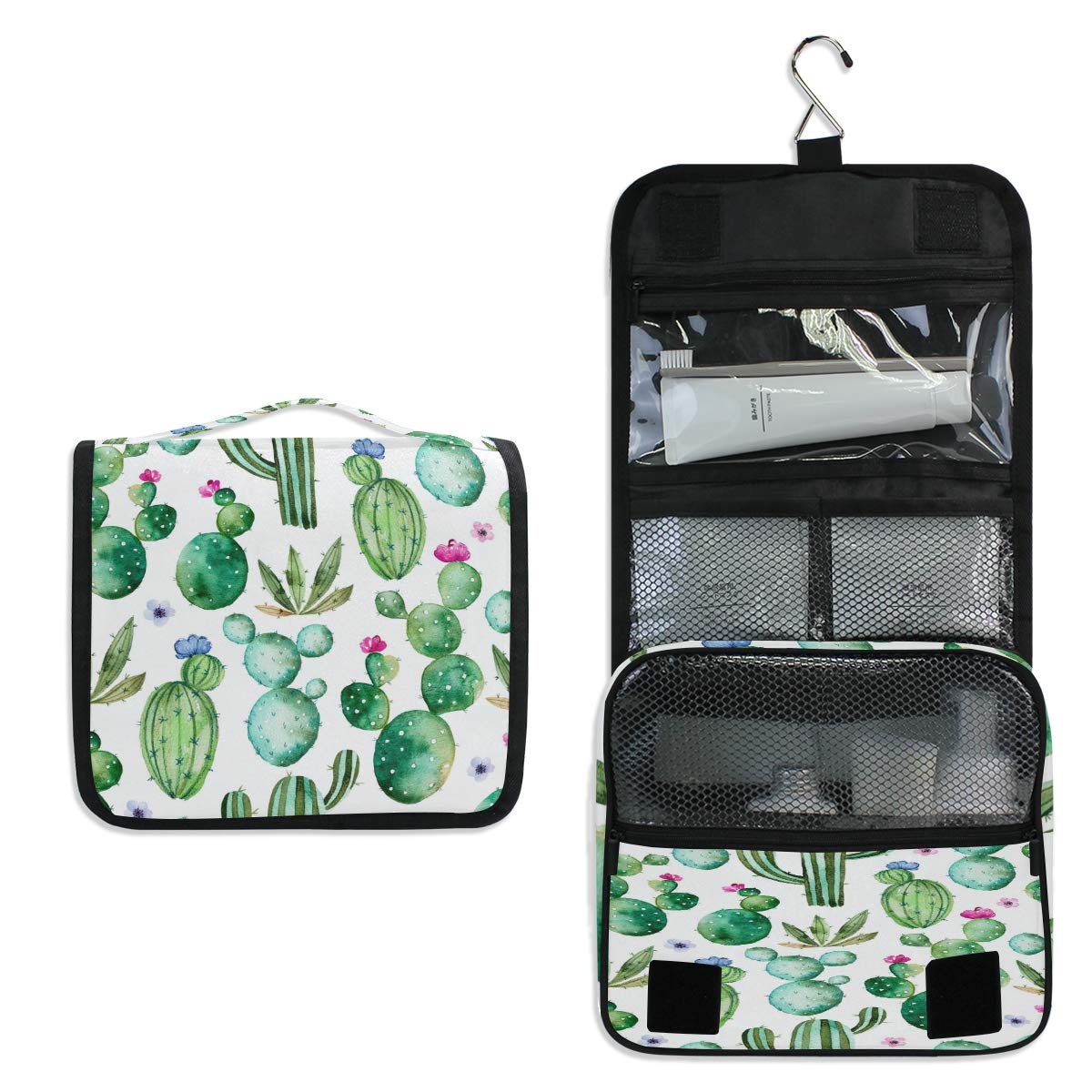 AUUXVA Waterproof Hanging Toiletry Bag - Tropical Cactus Design Travel Cosmetic Organizer for Women & Men | Portable Makeup Case with Hook for Bathroom, Camping & Vacation Essentials