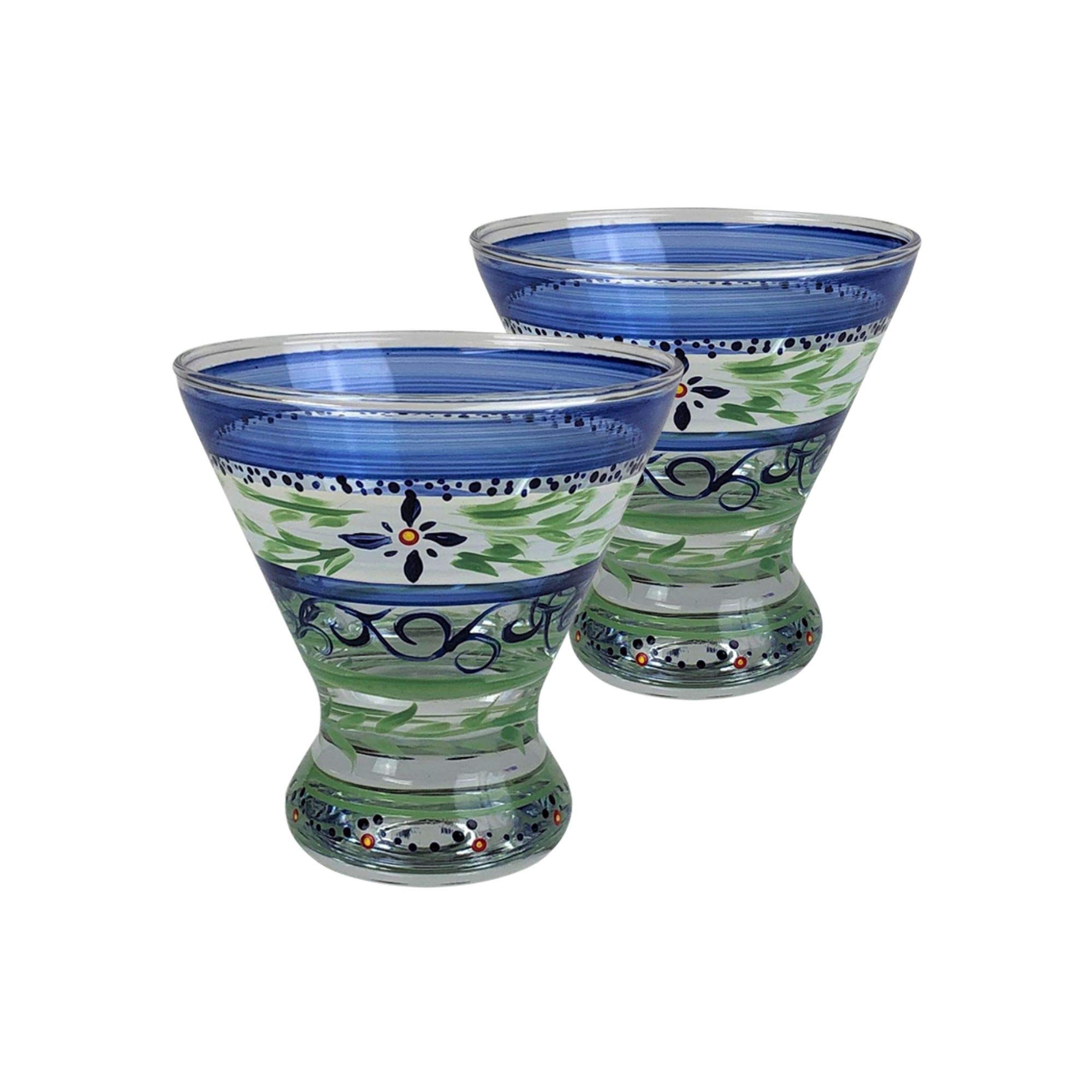 Set of 2 Blue Floral Hand Painted Cosmopolitan Wine and Dessert Glasses - 8.25 oz Elegant Glassware for Cocktail Parties, Bridal Showers & Home Decor
