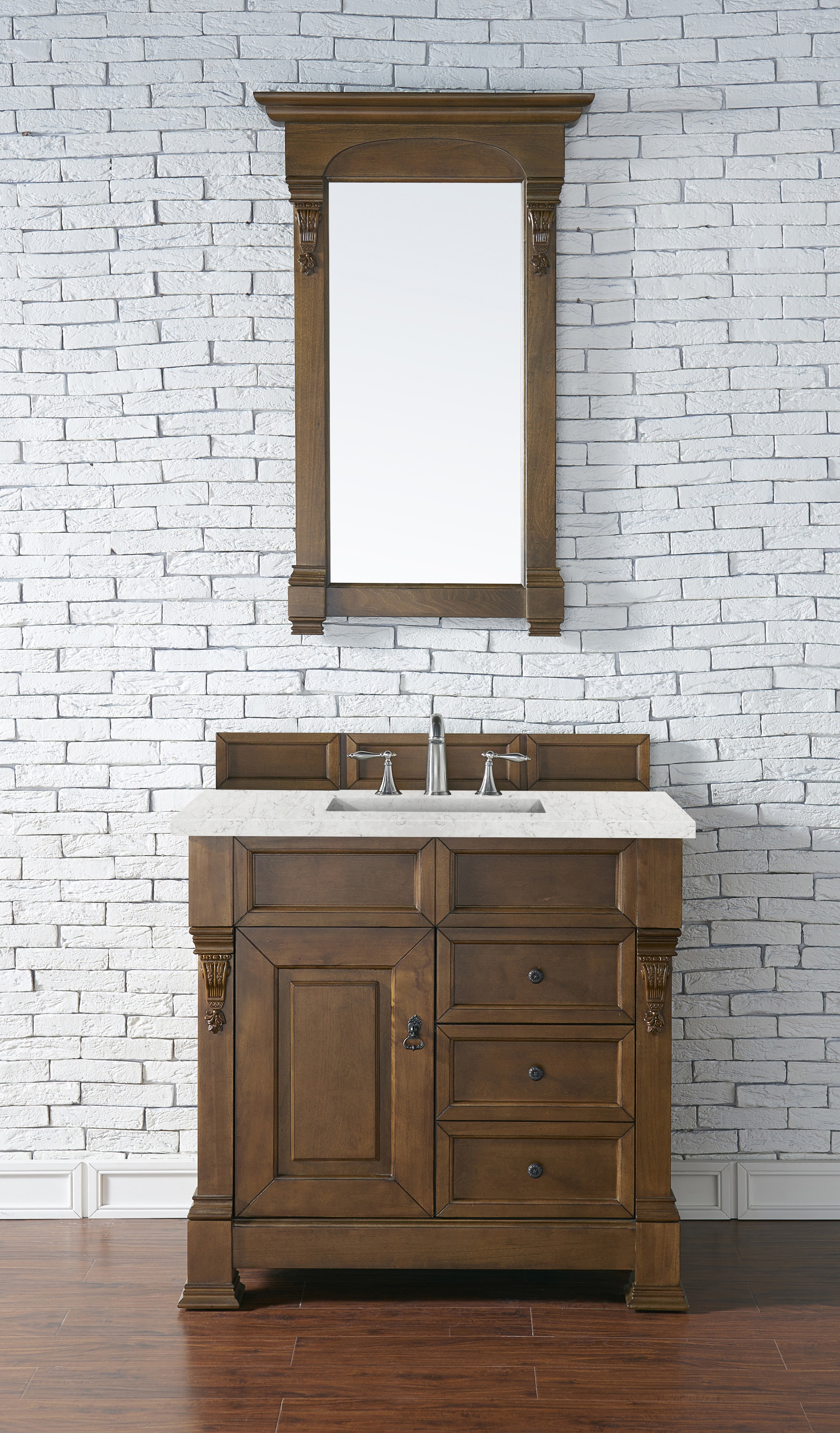 Brookfield 36-Inch Single Bathroom Vanity in Country Oak with 3CM Eternal Jasmine Pearl Quartz Countertop | Perfect for Modern Farmhouse & Rustic Bathroom Designs