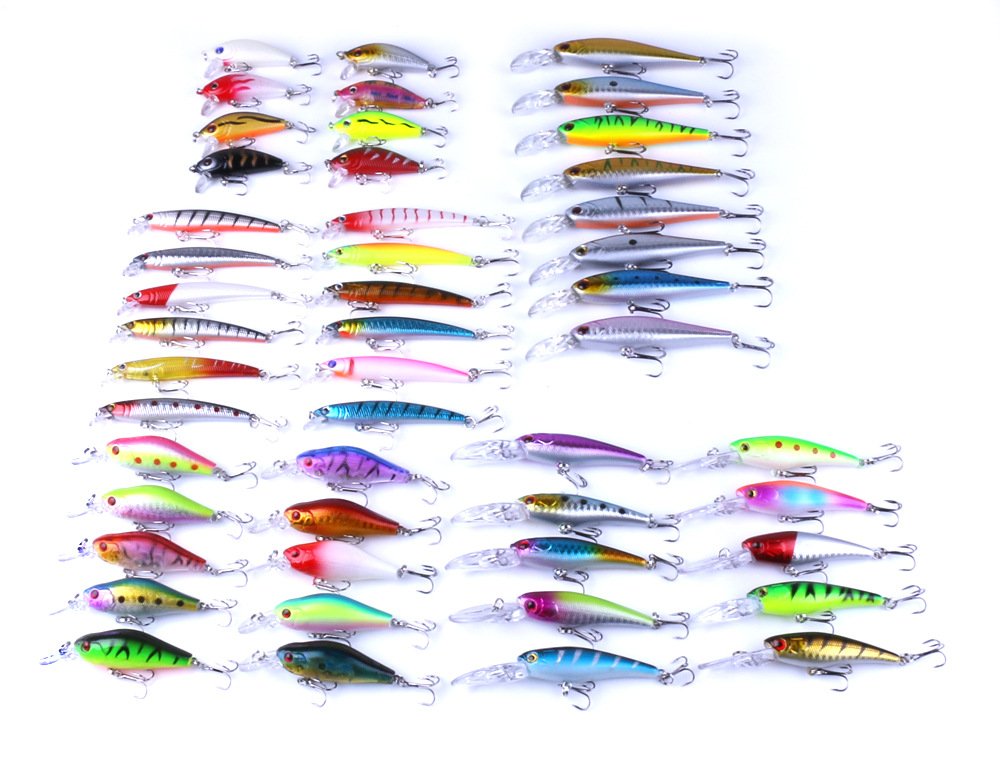56pcs Hard Fishing Lure Set - Assorted Bass Lures Kit with Minnow Popper, Crank, Rattlin VIB & Jointed Lures | Saltwater & Freshwater Fishing Tackle | Ideal for Bass, Trout & Walleye Fishing in Lakes & Rivers