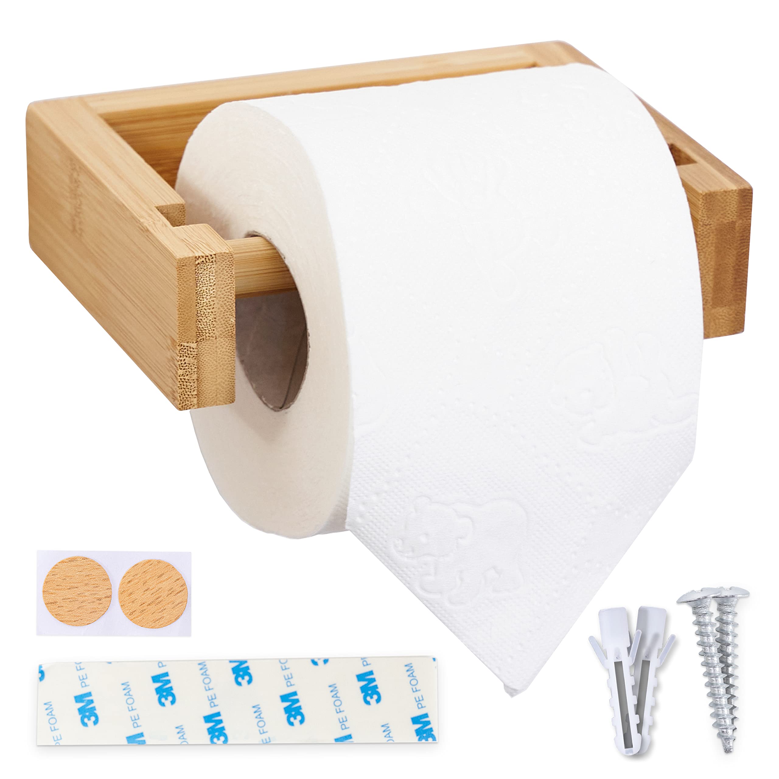 HENNEZ Bamboo Toilet Paper Holder Wall Mount - Adhesive Bathroom Tissue Roll Holder - Wooden Bathroom Storage Organizer - Perfect for Small Bathrooms, RVs, and Vanity Spaces