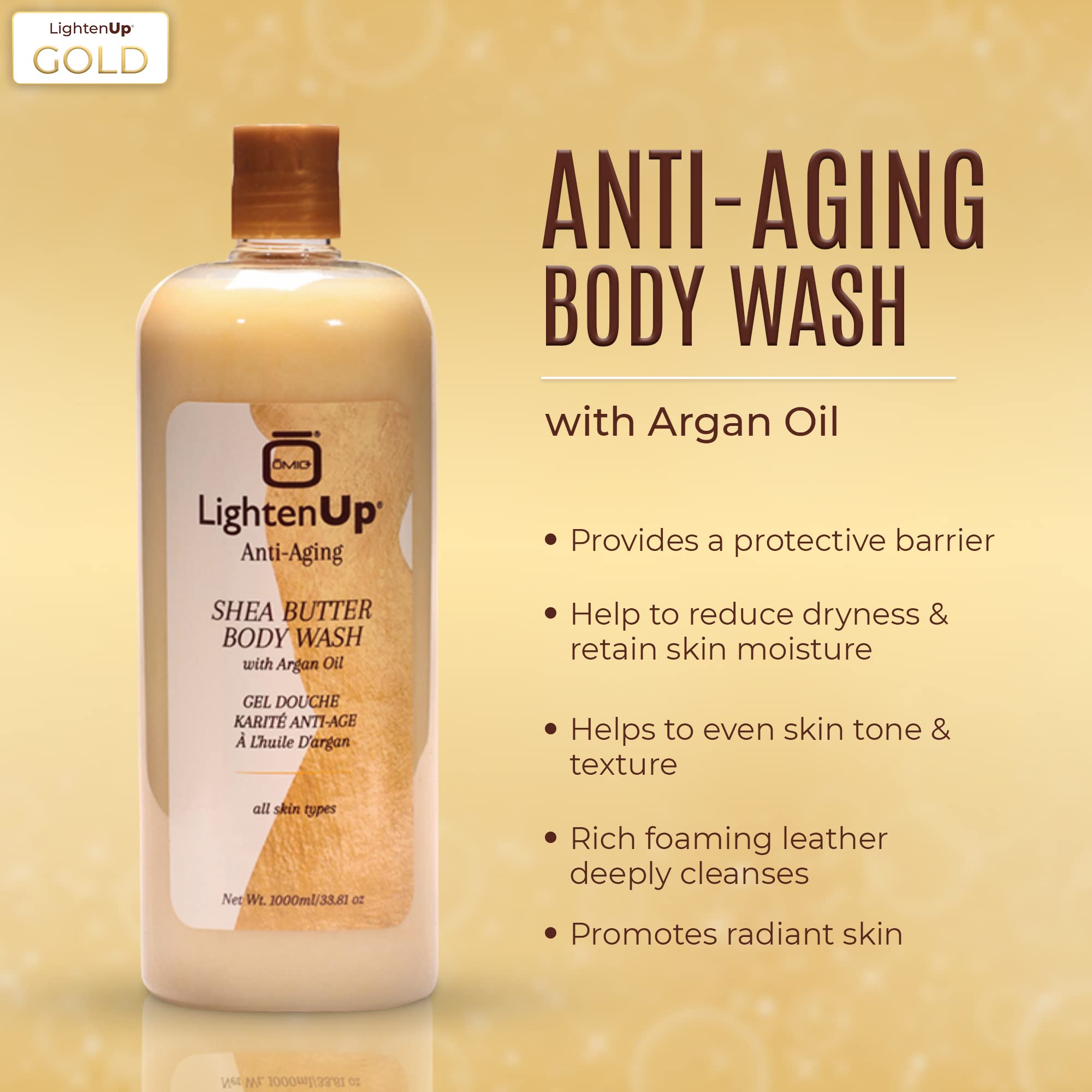 Omic LightenUp Anti-Aging Body Wash 33.8 fl oz (1000ml) - Skin Brightening & Softening Shower Gel with Argan Oil & Shea Butter - Hydrating & Nourishing for Dry, Dull Skin - Perfect for Daily Shower & Spa Relaxation
