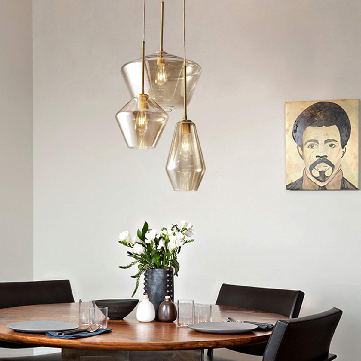 Modern Champagne Gold Glass 3-Light Pendant Chandelier - Adjustable Height Flush Mount Ceiling Light Fixture for Kitchen Island, Dining Room, Coffee Bar & Living Room | Elegant Linear Lighting for Home & Restaurant Decor