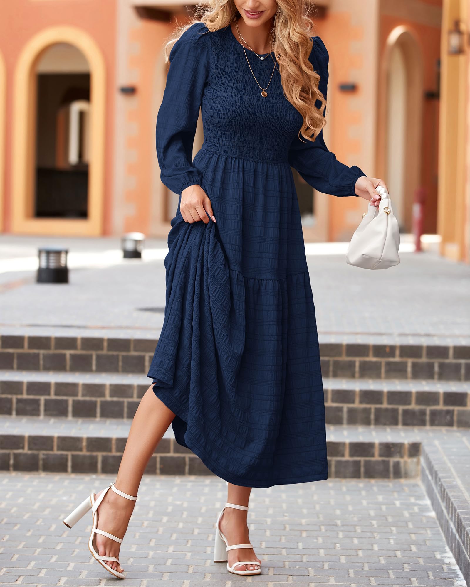 Dowerme Women's Boho Maxi Dress 2025 - Long Sleeve Smocked Tiered A-Line Flowy Wedding Party Dress for Spring | Perfect for Beach Weddings, Garden Parties & Special Occasions