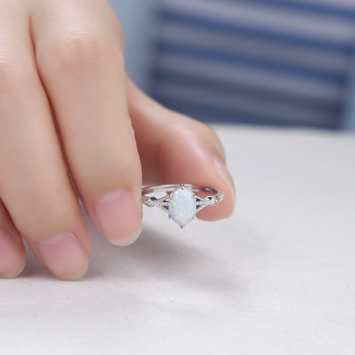 Vintage Art Deco Hexagon Cut White Opal and Diamond Engagement Ring for Women - Elegant Wedding Band, Anniversary Gift, Unique Promise Ring for Brides