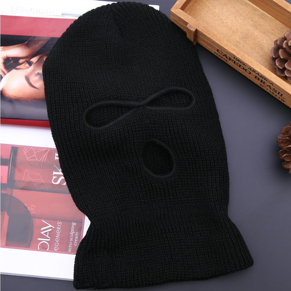 Men's 3 Hole Ski Mask - Winter Motorcycle Balaclava, Black Knit Face Shield Beanie for Snowboarding, Skiing & Outdoor Activities