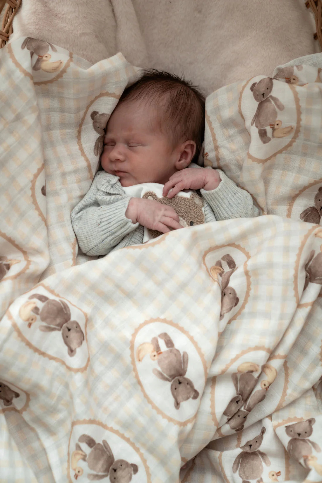 Organic Muslin Swaddle Blanket for Babies - Soft & Breathable Cotton Wrap - Pop Ya Tot Design with Ted and Duck - Perfect for Newborn Swaddling, Nursing Cover & Stroller Blanket