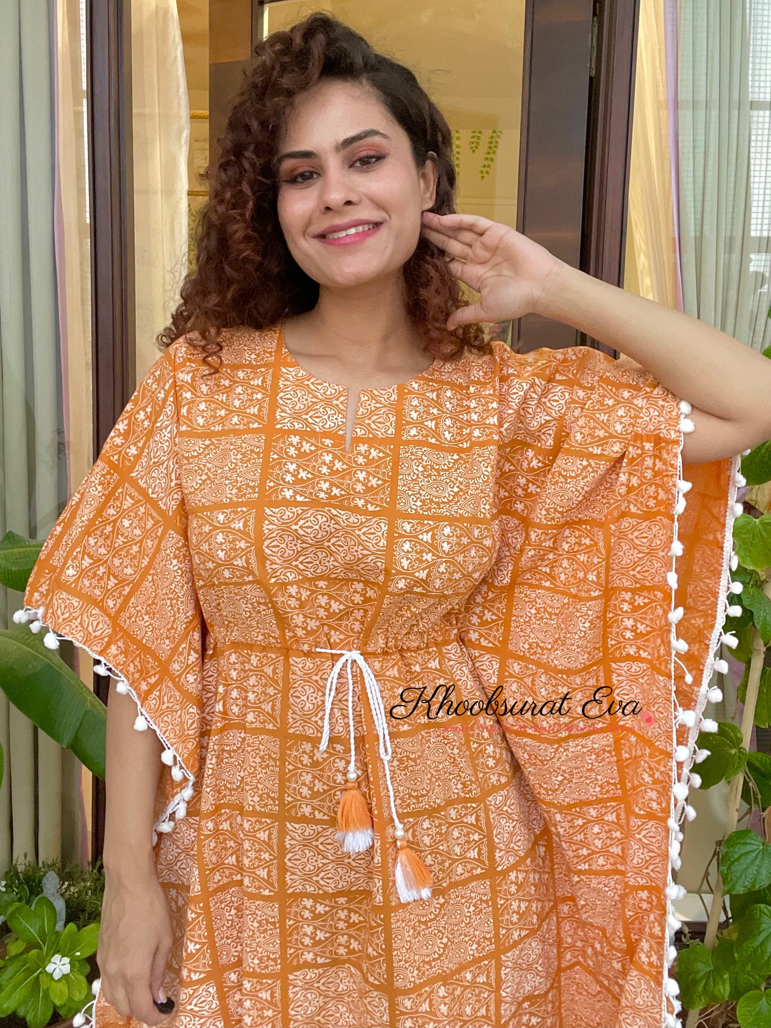 Yellow and White Tassel Printed Cotton Kaftan Dress - Boho Chic Beach Cover Up for Women, Perfect for Vacation, Poolside, and Summer Outings